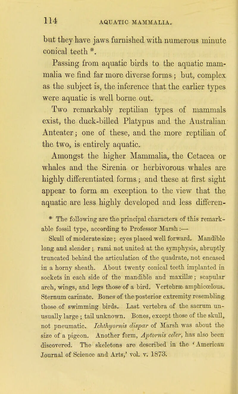 AQUATIC MAMMALIA. bat they have jaws furnished with numerous minute conical teeth *. Passing from aquatic birds to the aquatic mam- malia we find far more diverse forms ; but, complex as the subject is, the inference that the earlier types were aquatic is well borne out. Two remarkably reptilian types of mammals exist, the cluck-billed Platypus and the Australian Anteater; one of these, and the more reptilian of the two, is entirely aquatic. Amongst the higher Mammalia, the Cetacea or whales and the Sirenia or herbivorous whales are highly differentiated forms; and these at first sight appear to form an exception to the view that the aquatic are less highly developed and less differen- * The following are the principal characters of this remark- able fossil type, according to Professor Marsh.:— Skull of moderate size; eyes placed well forward. Mandible long and slender; rami not united at the symphysis, abruptly truncated behind the articulation of the quadrate, not encased in a horny sheath. About twenty conical teeth implanted in sockets in each side of the mandible and maxillse; scapular arch, wings, and legs those of a bird. Yertebrse amphicoelous. Sternum carinate. Bones of tbe posterior extremity resembling those of swimming birds. Last vertebra of the sacrum un- usually large ; tail unknown. Bones, except those of the skull, not pneumatic. Ichthyornis clispar of Marsh was about the size of a pigeon. Another form, Aptornis celer, has also been discovered. The skeletons are described in the 'American Journal of Science and Arts,' vol. v. 1873.