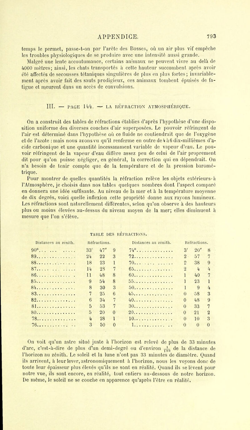 temps le permet, passe-t-on par l'arête des Bosses, où un air plus vif empêche les troubles physiologiques de se produire avec une intensité aussi grande. Malgré une lente accoutumance, certains animaux ne peuvent vivre au delà de 4000 mèires; ainsi, les chats transportés à cette hauteur succombent après avoir été affectés de secousses tétaniques singulières de plus en plus fortes; invariable- ment après avoir fait des sauts prodigieux, ces animaux tombent épuisés de fa- tigue et ineurent dt).ns un accès de convulsions. III. — PAGE 144. LA RÉFRACTION ATMOSPHÉRIQUE. On a construit des tables de réfractions établies d'après l'hypothèse d'une dispo- sition uniforme des diverses couches d'air superposées. Le pouvoir réfringent de l'air est déterminé dans l'hypothèse où ce fluide ne contiendrait que de l'oxygène et de l'azote : mais nous avons vu qu'il renferme en outre de 4 ù 6 dix-millièmes d'a- cide carbonique et une quantité incessamment variable de vapeur d'eau. Le pou- voir réfringent de la vapeur d'eau diffère assez peu de celui de l'air proprement dit pour qu'on puisse négliger, en général, la correction qui en dépendrait. On n'a besoin de tenir compte que de la température et de la pression baromé- trique. Pour montrer de quelles quantités la réfraction relève les objets extérieurs à l'Atmosphère, je choisis dans nos tables quelques nombres dont l'aspect comparé en donnera une idée suffisante. Au niveau de la mer et à la température moyenne de dix degrés, voici quelle inflexion cette propriété donne aux rayons lumineux. Les réfractions sont naturellement différentes, selon qu'on observe à des hauteurs plus ou moins élevées au-dessus du niveau moyen de la mer; elles diminuent à mesure que l'on s'élève, TABLE DES REFRACTIONS. Distances au zénith. 90» 89 88 87 86 8.5.. 8!i - .. . . 83 82 81 80 78 76 Réfractions. 33' 47 9 24 22 3 18 23 1 Ik 2S 7 11 48 8 9 54 8 8 30 3 7 25 6 6 34 7 5 53 7 5 20 0 4 28 1 3 50 0 Distances au zénitli. 74 72 70.. 65 60 55 50 45 40 30 20 10 1 Réfractions. 3' 20 8 2 57 7 o 38 9 2 4 4 1 40 7 ] 23 1 1 9 4 0 58 3 0 48 9 0 33 7 0 21 2 0 10 3 0 0 0 On voit qu'un astre situé juste à l'horizon est relevé de plus de 33 minutes d'arc, c'est-à-dire de plus d'un demi-degré ou d'environ ^.1^ de la distance de l'horizon au zénith. Le soleil et la lune n'ont pas 33 minutes de diamètre. Quand ils arrivent, à leur lever, astronomiquement à l'horizon, nous les voyons donc de toute leur épaisseur plus élevés qu'ils ne sont en réalité. Quand ils se lèvent pour notre vue, ils sont encore, en réalité, tout entiers au-dessous de notre horizon. De même, le soleil ne se couche en apparence qu'après l'être en réalité.