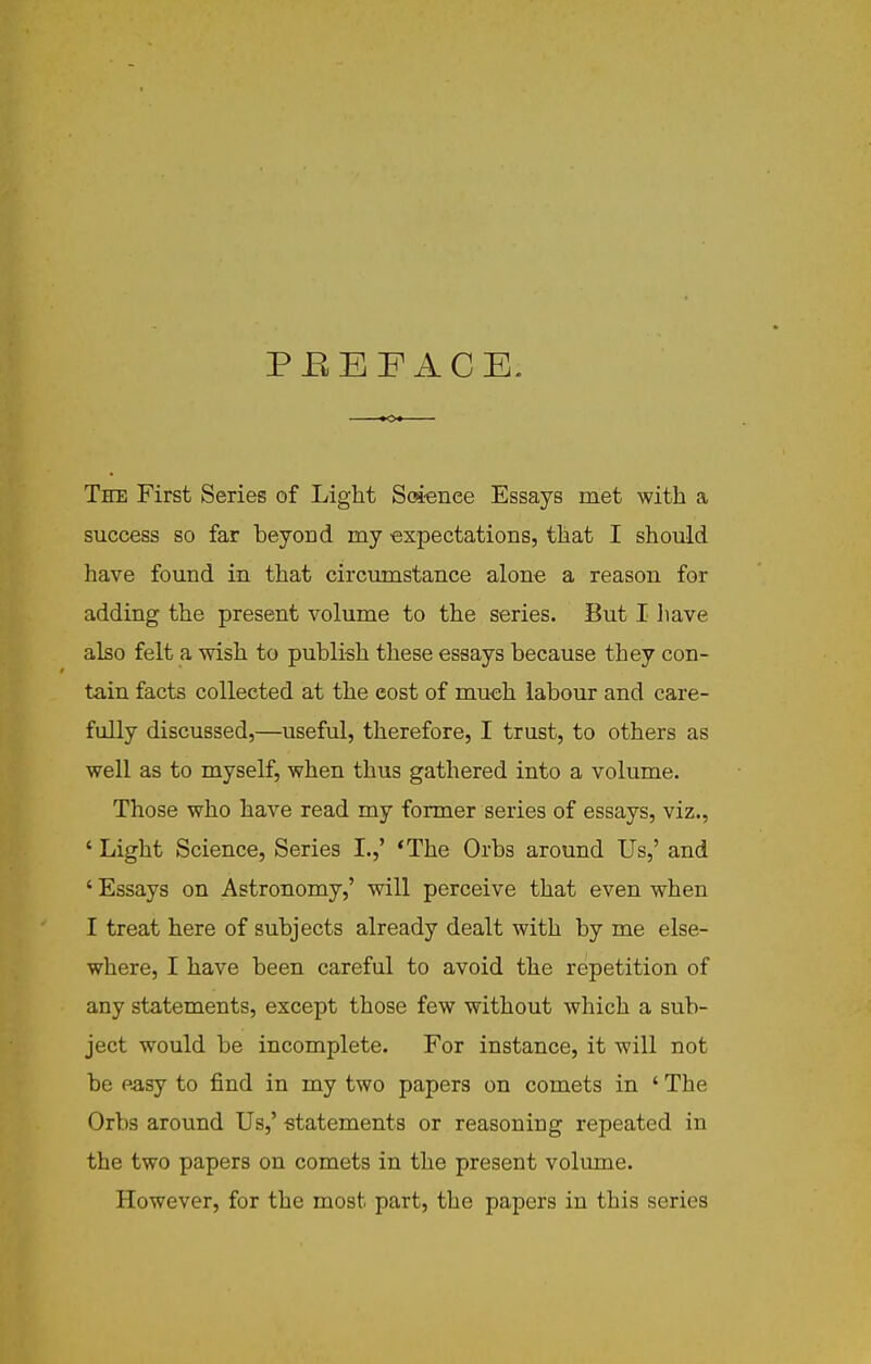 PEE FACE. The First Series of Light SM^enee Essays met with a success so far beyond my expectations, that I should have found in that circumstance alone a reason for adding the present volume to the series. But I liave also felt a wish to publish these essays because they con- tain facts collected at the cost of much labour and care- fully discussed,—useful, therefore, I trust, to others as well as to myself, when thus gathered into a volume. Those who have read my former series of essays, viz., ' Light Science, Series I.,' 'The Orbs around Us,' and ' Essays on Astronomy,' will perceive that even when I treat here of subjects already dealt with by me else- where, I have been careful to avoid the repetition of any statements, except those few without which a sub- ject would be incomplete. For instance, it will not be easy to find in my two papers on comets in ' The Orbs around Us,' statements or reasoning repeated in the two papers on comets in the present volume. However, for the most part, the papers in this series