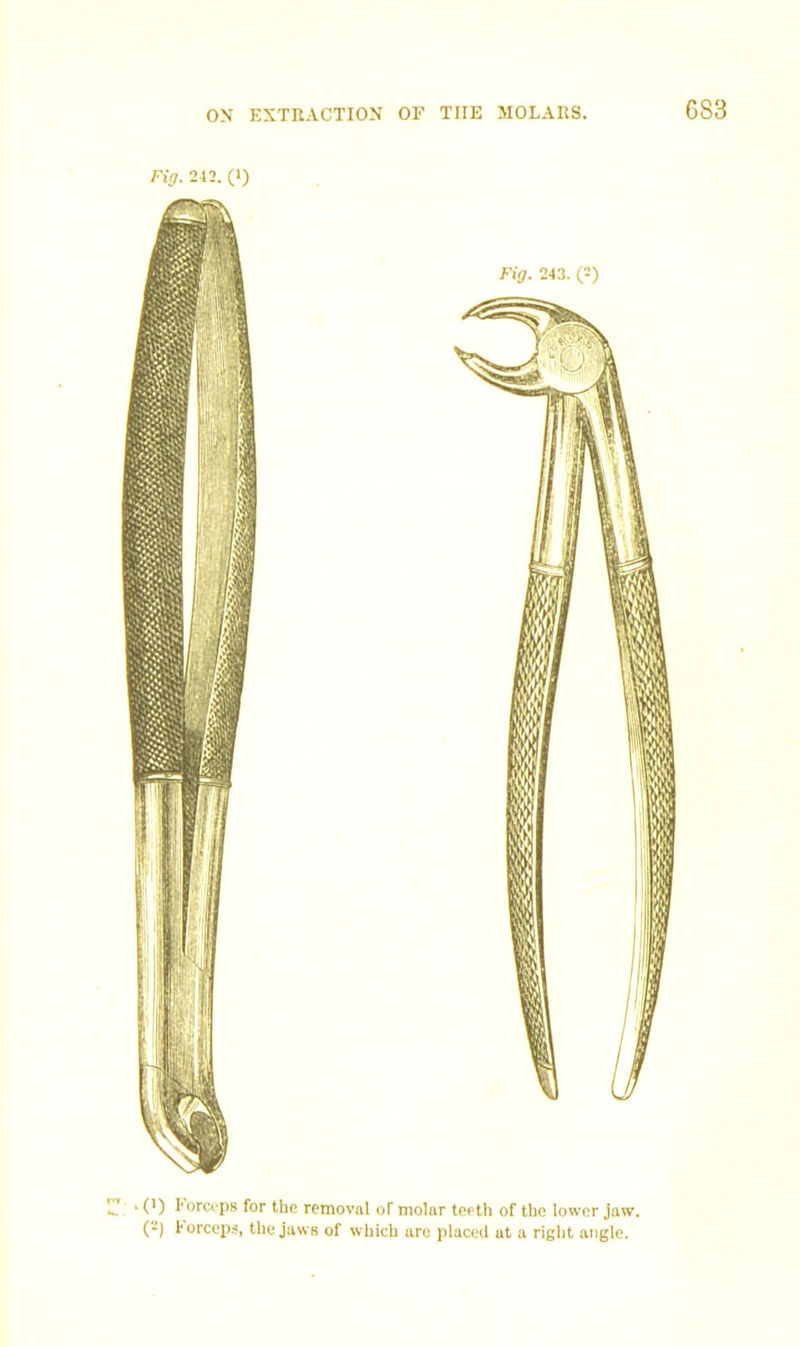 Fiff. 242. (1) (1) 1’creeps for the removal oT molar teeth of the lower jaw, (2) forceps, the jaws of which are placeil at a right angle.