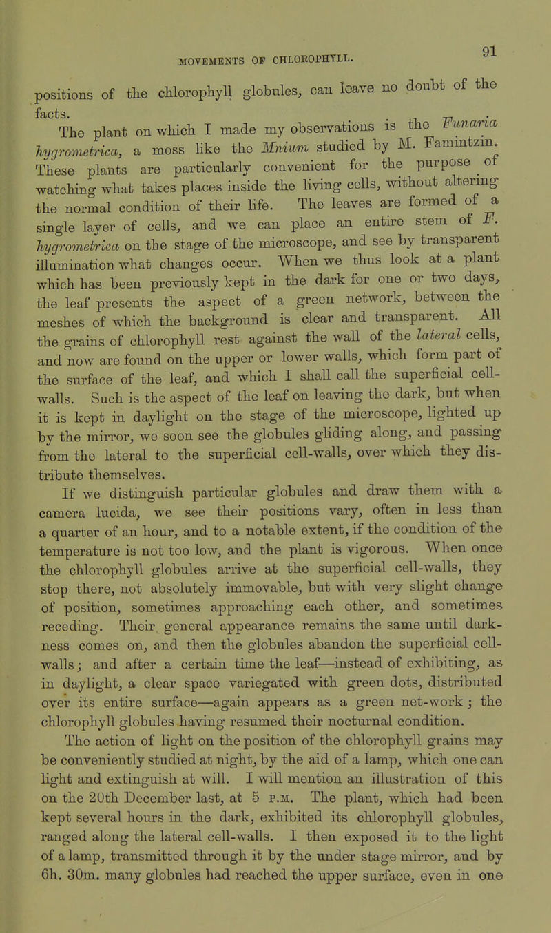 MOVEMENTS OP CHLOEOPHTLL. positions of the chlorophyll globules, can leave no doubt of the facts. .p The plant on which I made my observations is the b unarm hygrometrim, a moss like the Mnium studied by M. Fammtzm These plants are particularly convenient for the purpose ot watching what takes places inside the living cells, without altering the normal condition of their life. The leaves are formed of a, single layer of cells, and we can place an entire stem of F. hygrometrica on the stage of the microscope, and see by transparent illumination what changes occur. When we thus look at a plant which has been previously kept in the dark for one or two days, the leaf presents the aspect of a green network, between the meshes of which the background is clear and transparent. All the grains of chlorophyll rest against the wall of the lateral cells, and now are found on the upper or lower walls, which form part of the surface of the leaf, and which I shall call the superficial cell- walls. Such is the aspect of the leaf on leaving the dark, but when it is kept in daylight on the stage of the microscope, lighted up by the mirror, we soon see the globules gliding along, and passing from the lateral to the superficial cell-walls, over which they dis- tribute themselves. If we distinguish particular globules and draw them with a camera lucida, we see their positions vary, often in less than a quarter of an hour, and to a notable extent, if the condition of the temperature is not too low, and the plant is vigorous. When once the chlorophyll globules arrive at the superficial cell-walls, they stop there, not absolutely immovable, but with very slight change of position, sometimes approaching each other, and sometimes receding. Their general appearance remains the same until dark- ness comes on, and then the globules abandon the superficial cell- walls; and after a certain time the leaf—instead of exhibiting, as in daylight, a clear space variegated with green dots, distributed over its entire surface—again appears as a green net-work ; the chlorophyll globules having resumed their nocturnal condition. The action of light on the position of the chlorophyll grains may be conveniently studied at night, by the aid of a lamp, which one can light and extinguish at will. I will mention an illustration of this on the 20th December last, at 5 p.m. The plant, which had been kept several hours in the dark, exhibited its chlorophyll globules, ranged along the lateral cell-walls. I then exposed it to the light of a lamp, transmitted through it by the under stage mirror, and by 6h. 30m. many globules had reached the upper surface, even in one