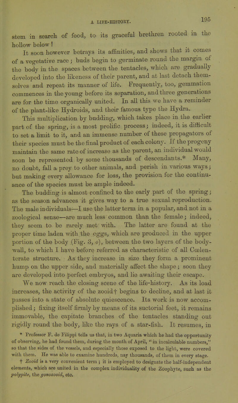 stem in search of food, to its graceful brethren rooted in the hollow below ! It soon however betrays its affinities, and shows that it comes of a vegetative race ; buds begin to germinate round the margin of the body in the spaces between the tentacles, which are gradually developed into the likeness of their parent, and at last detach them- selves and repeat its manner of life. Frequently, too, gemmation commences in the young before its separation, and three generations are for the time organically united. In all this we have a reminder of the plant-like Hydroids, and their famous type the Hydra. This multiplication by budding, which takes place in the earlier part of the spring, is a most prolific process; indeed, it is difficult to set a limit to it, and an immense number of these propagators of their species must be the final product of each colony. If the progeny maintain the same rate of increase as the parent, an individual would soon be represented by some thousands of descendants.* Many, no doubt, fall a prey to other animals, and perish in various ways; but making every allowance for loss, the provision for the continu- ance of the species must be ample indeed. The budding is almost confined to the early part of the spring j as the season advances it gives way to a true sexual reproduction. The male individuals—I use the latter term in a popular, and not in a zoological sense—are much less common than the female; indeed, they seem to be rarely met with. The latter are found at the proper time laden with the eggs, which are produced in the upper portion of the body (Fig. 3, o), between the two layers of the body- wall, to which I have before referred as characteristic of all Ccelen- terate structure. As they increase in size they form a prominent hump on the upper side, and materially affect the shape ; soon they are developed into perfect embryos, and lie awaiting their escape. We now reach the closing scene of the life-history. As its load increases, the activity of the zooidf begins to decline, and at last it passes into a state of absolute quiescence. Its work is now accom- plished ; fixing itself firmly by means of its suctorial feet, it remains immovable, the capitate branches of the tentacles standing out rigidly round the body, like the rays of a star-fish. It resumes, in * Professor F. de Filippi tells us that, in two Aquaria which he had the opportunity of observing, he had found them, during the month of April,  in incalculable numbers, so that the sides of the vessels, and especially those exposed to the light, were covered with them. He was able to examine hundreds, nay thousands, of them in every stage. t Zooid is a very convenient term ; it is employed to designate the half-independent elements, which are united in the complex individuality of the Zoophyte, such as the polypite, the gonozooid, etc.