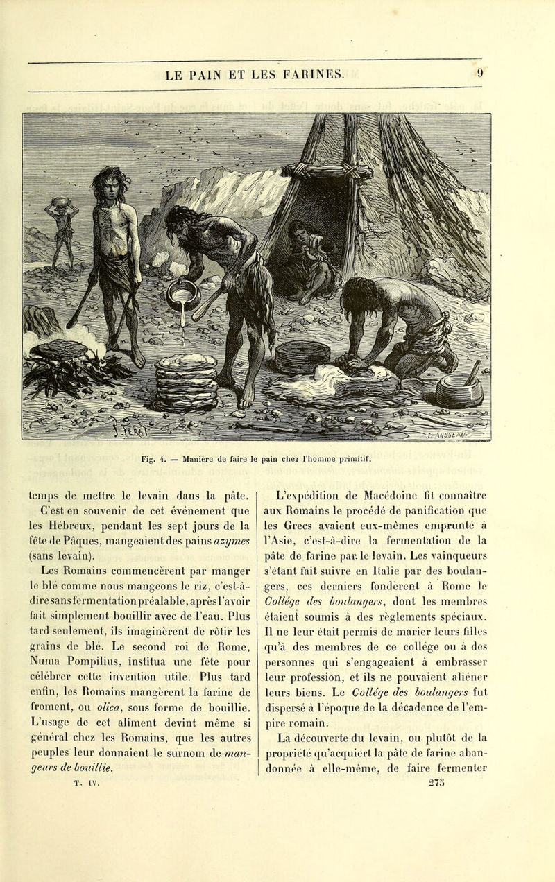 Fig. 4. — Manière de faire le pain chez l'homme primitif. temps de mettre le levain dans la pâte. C'est en souvenir de cet événement que les Hébreux, pendant les sept jours de la fête de Pâques, mangeaient des pains azymes (sans levain). Les Romains commencèrent par manger le blé comme nous mangeons le riz, c'est-à- dire sans fermentationpréalable, après l'avoir fait simplement bouillir avec de l'eau. Plus tard seulement, ils imaginèrent de rôtir les grains de blé. Le second roi de Rome, Numa Pompilius, institua une fête pour célébrer cette invention utile. Plus tard enfin, les Romains mangèrent la farine de froment, ou olica, sous forme de bouillie. L'usage de cet aliment devint même si général chez les Romains, que les autres peuples leur donnaient le surnom de man- geurs de bouillie. L'expédition de Macédoine fît connaître aux Romains le procédé de panification que les Grecs avaient eux-mêmes emprunté à l'Asie, c'est-à-dire la fermentation de la pâte de farine par. le levain. Les vainqueurs s'étant fait suivre en Italie par des boulan- gers, ces derniers fondèrent à Rome le Collège des boulangers, dont les membres étaient soumis à des règlements spéciaux. II ne leur était permis de marier leurs filles qu'à des membres de ce collège ou à des personnes qui s'engageaient à embrasser leur profession, et ils ne pouvaient aliéner leurs biens. Le Collège des boulangers fut dispersé à l'époque de la décadence de l'em- pire romain. La découverte du levain, ou plutôt de la propriété qu'acquiert la pâte de farine aban- donnée à elle-même, de faire fermenter