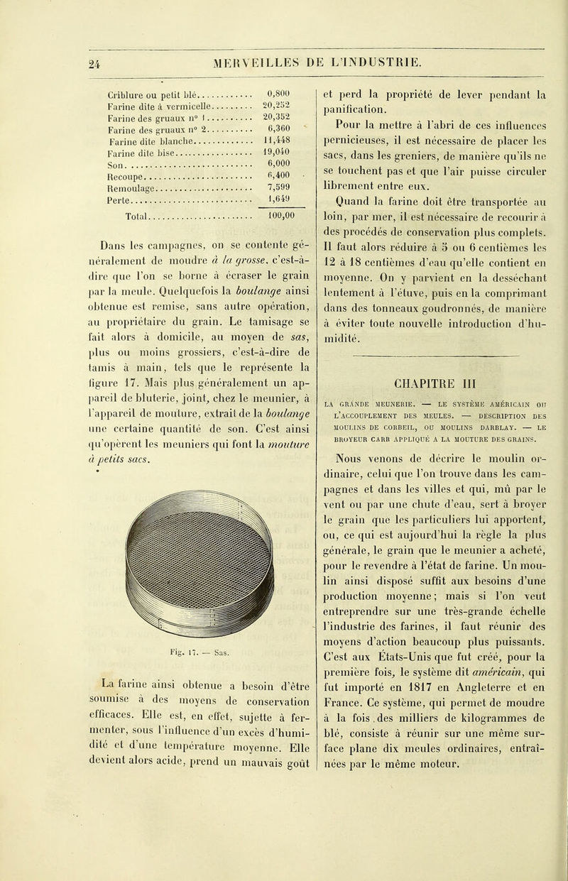 Criblure ou petit blé 0,800 Farine dite à vermicelle 20,252 Farine des gruaux n i 20,352 Farine des gruaux n° 2 6,360 Farine dite blanche H,448 Farine dite bise 19,040 Son 6,000 Recoupe fi, 400 • Remoulage 7,599 Perte ^6^9 Total 100,00 Dans les campagnes, on se contente gé- néralement de moudre à la grosse, c'est-à- dire que l'on se borne à écraser le grain par la meule. Quelquefois la boulange ainsi obtenue est remise, sans autre opération, au propi'iétaire du grain. Le tamisage se fait alors à domicile, au moyen de sas, plus ou moins grossiers, c'est-à-dire de tamis à main, tels que le représente la ligure 17. Mais plus généralement un ap- pareil de bluterie, joint^ chez le meunier, à l'appareil de mouture, extrait de la boulange une certaine quantité de son. C'est ainsi qu'opèrent les meuniers qui font la mouture à petits sacs. Fig. n. Sas. La farine ainsi obtenue a besoin d'être soumise à des moyens de conservation efficaces. Elle est, en effet, sujette à fer- menter, sous l'influence d'un excès d'humi- dité et d'une température moyenne. Elle devient alors acide, prend un mauvais goût et perd la propriété de lever pendant la panification. Pour la mettre à l'abri de ces influences pernicieuses, il est nécessaire de placer les sacs, dans les greniers, de manière qu'ils ne se touchent pas et que l'air puisse circuler librement entre eux. Quand la farine doit être transportée au loin, par mer, il est nécessaire de recourir à des procédés de conservation plus complets. 11 faut alors réduire à 5 ou 6 centièmes les 12 à 18 centièmes d'eau qu'elle contient en moyenne. On y parvient en la desséchant lentement à l'étuve, puis en la comprimant dans des tonneaux goudronnés, de manière à éviter toute nouvelle introduction d'hu- midité. CHAPITRE III LA GRANDE MEUNERIE. — LE SYSTÈME AMÉRICAIN OTI l'accouplement des MEULES. — DESCRIPTION DES MOULINS DE CORBEIL, OU MOULINS DARBLAY. — LE BROYEUR CARH APPLIQUÉ A LA MOUTURE DES GRAINS. Nous venons de décrire le moulin or- dinaire, celui que l'on trouve dans les cam- pagnes et dans les villes et qui, mû par le vent ou par une chute d'eau, sert à broyer le grain que les particuliers lui apportent^ ou, ce qui est aujourd'hui la règle la plus générale, le grain que le meunier a acheté, pour le revendre à l'état de farine. Un mou- lin ainsi disposé suffît aux besoins d'une production moyenne ; mais si l'on veut entreprendre sur une très-grande échelle l'industrie des farines, il faut réunir des moyens d'action beaucoup plus puissants. C'est aux Etats-Unis que fut créé, pour la première fois^ le système dit américain, qui fut importé en 1817 en Angleterre et en France. Ce système, qui permet de moudre à la fois . des milliers de kilogrammes de blé, consiste à réunir sur une même sur- face plane dix meules ordinaires, entraî- nées par le même moteur.