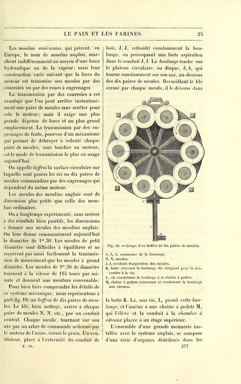 Les moulins américains, qui prirent, en Europe, le nom de moulins anglais, mar- chent indifféremment au moyen d'une force hydraulique ou de la vapeur; mais leur construction varie suivant que la force du moteur est transmise aux meules par des courroies ou par des roues à engrenages. La transmission par des courroies a cet avantage que l'on peut arrêter instantané- ment une paire de meules sans arrêter pour cela le moteur; mais il exige une plus grande dépense de force et un plus grand (împlacement. La transmission par des en- grenages de fonte, pourvus d'un mécanisme qui permet de débrayer à volonté chaque paire de meules, sans toucher au moteur, est le mode de transmission le plus en usage aujourd'hui. On appelle beffroi\?i surface circulaire sur laquelle sont posées les six ou dix paires de meules commandées par des engrenages qui dépendent du même moteur. Les meules des moulins anglais sont de dimension plus petite que celle des mou- lins ordinaires. On a longtemps expérimenté, sans arriver à des résultats bien positifs, les dimensions à donner aux meules des moulins anglais. On leur donne communément aujourd'hui le diamètre de 1',30. Les meules de petit diamètre sont difficiles à équilibrer et ne reçoivent pas aussi facilement la transmis- sion de mouvement que les meules à grand diamètre. Les meules de 1°',30 de diamètre tournent à la vitesse de 115 tovu^s par mi- nute et donnent une mouture convenable. Pour bien faire comprendre les détails de ce système mécanique, nous représentons à part(fig. 18) un beffroi de dix paires de meu- les. Le blé, bien nettoyé, arrive à chaque paire de meules N, N, etc., par un conduit central. Chaque meule , tournant sur son axe par un arbre de commande actionné par le moteur de l'usine, écrase le grain. Un ven- tilateur, placé à l'extrémité du conduit de X. lY. bois, J, J, refroidit constamment la bou- lange, en provoquant une forte aspiration dans le conduit J, J. La boula?ige iombe sur le plateau circulaire, ou disque, b,b, qui tourne constamment sur son axe, au-dessous des dix paires de meules. Recueillant le blé écrasé par chaque meule, il le déverse dans Fig. 18. — Coupe d'un beffroi de dix paires de meules. ô, b, b, ramasseur de la boulange. N, N, meules. J, J, conduits d'aspiration des meules. K, boîte recevant la boulange du récipient pour la des- cendre à la vis. L, vis conduisant la boulange à la chaîne à godets. M, chaîne à godets remontant et conduisant la boulange aux râteaux. la boîte K. Là, une vis, L, prend cette bou- lange, et l'amène à une chaîne à godets M, qui l'élève et la conduit à la chambre à râteaux placée à un étage supérieur. L'ensemble d'une grande meunerie ins- tallée avec le système anglais, se compose d'une série d'organes distribués dans les i77