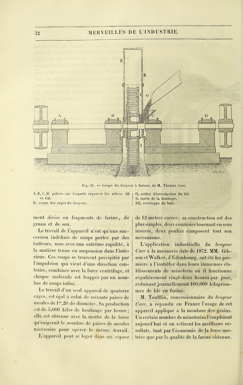 Fig. 21. — Coupe du broyeur à farines de M. Thomas Carr. AjB, C, D, paliers sur lesquels reposent les arbres AB et CD. 11, coupe des cages du broyeur. 0, orifice d'introduction du blé. S, sortie de la boula?ige. EE, enveloppe de bois. Jiient divisé en fragments de farine, de gruau et de son. Le trayail de l'appareil n'est qu'une suc- cession indéfinie de coups portés par des batteurs, mus avec une extrême rapidité, à la matière tenue en suspension dans l'inté- rieur. Ces coups se trouvent précipités par l'impulsion qui vient d'une direction con- traire, combinée avec la force centrifuge, et chaque molécule est frappée par un nom- bre de coups infini. Le travail d'un seul appareil de quatorze cages, est égal à celui de soixante paires de meules de 1°',20 de diamètre. Sa production est de 5,000 kilos de boulange par heure ; elle est obtenue avec la moitié de la force qu'exigerait le nombre de paires de meules nécessaire pour opérer le même travail. L'appareil peut se loger dans un espace de 12 mètres carrés ; sa construction est des plus simples, deux courroies tournant en sens inverse, deux poulies composent tout son mécanisme. L'application industrielle du broyeur Carr à la meunerie date de 1872. MM. Gib- son et Walker, d'Edimbourg, ont été les pre- miers à l'installer dans leurs immenses éta- blissements de minoterie oii il fonctionne régulièrement vingt-deux heures par jour^ réduisant journellement 100,000 kilogram- mes de blé en farine. 31. Toufflin, concessionnaire du broyeur Carr, a répandu en France l'usage de cet appareil appliqué à la mouture des grains. Un certain nombre de minoteries l'emploient aujourd'hui et en retirent les meilleurs ré- sultats, tant par l'économie de la force mo- trice que par la qualité de la farine obtenue.