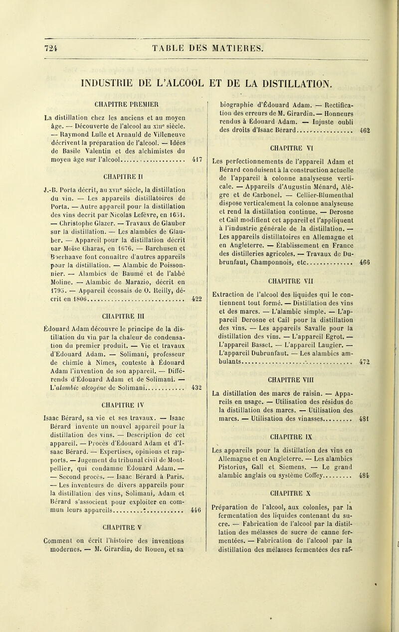 INDUSTRIE DE L'ALCOOL CHAPITRE PREMIER La distillation cliez les anciens et au moyen âge. — Découverte de l'alcool au xiii siècle. — Raymond Lulle et Arnauld de Villeneuve décrivent la préparation de l'alcool. — Idées de Basile Valentin et des alchimistes du moyen âge sur l'alcool 417 CHAPITRE II J.-D. Porta décrit, au xvii siècle, la distillation du vin. — Les appareils disLillatoires de Porta. —Autre appareil pour la distillation des vins décrit par Nicolas Lefèvre, en 16^1. — Christophe Glazer. — Travaux de Glauber sur la distillation. — Les alambics de Glau- ber. — Appareil pour la distillation décrit Toar Moïse Charas, en 1676. — Barchusen et Boerhaave l'ont connaître d'autres appareils pour la distillation. — Alambic de Poisson- nier. — Alambics de Baumé et de l'abbé Moline. — Alambic de Marazio, décrit en 1795. — Appareil écossais de 0. Reilly, dé- crit en 1806 422 CHAPITRE III Edouard Adam découvre le principe de la dis- tillation du vin par la chaleur de condensa- tion du premier produit. — Vie et travaux d'Edouard Adam. — Solimani, professeur de chimie à Nîmes, conteste à Édouard Adam l'invention de son appareil. — Diffé- rends d'Edouard Adam et de Solimani. — Valambic alcogène de Solimani 432 CHAPITRE IV Isaac Bérard, sa vie et ses travaux. — Isaac Bérard invente un nouvel appareil pour la distillation des vins. — Description de cet appareil. —Procès d'Édouard Adam et d'I- saac Bérard. — Expertises, opinions et rap- ports. — Jugement du tribunal civil de Mont- pellier, qui condamne Édouard Adam. — — Second procès. — Isaac Bérard à Paris. — Les inventeurs de divers appareils pour la distillation des vins, Solimani, Adam et Bérard s'associent pour exploiter en com- mun leurs appareils : 446 CHAPITRE V Comment on écrit l'histoire des inventions modernes. — M. Girardin, de Rouen, et sa ET DE LA DISTILLATION. biographie d'Édouard Adam. — Rectifica- tion des erreurs de M. Girardin. — Honneurs rendus à Édouard Adam. — Injuste oubli des droits d'Isaac Bérard 462 CHAPITRE VI Les perfectionnements de l'appareil Adam et Bérard conduisent à la construction actuelle de l'appareil à colonne analyseuse verti- cale. — Appareils d'Augustin Ménard, Alè- gre et de (^arbonel. — Cellier-Blumenthal dispose verticalement la colonne analyseuse et rend la distillation continue. — Derosne et Cail modifient cet appareil et l'appliquent à l'industrie générale de la distillation. — Les appareils distillatoires en Allemagne et en Angleterre. — Établissement en France des distilleries agricoles. — Travaux de Du- brunfaul, Champonnois, etc 466 CHAPITRE VII Extraction de l'alcool des liquides qui le con- tiennent tout formé. — Distillation des vins et des marcs. — L'alambic simple. — L'ap- pareil Derosne et Cail pour la distillation des vins. — Les appareils Savalle pour la distillation des vins. — L'appareil Égrot. — L'appareil Basset. — L'appareil Laugier. — L'appareil Dubrunfaut. — Les alambics am- bulants - 472 CHAPITRE VHI La distillation des marcs de raisin. — Appa- reils en usage. — Utilisation des résidus de la distillation des marcs. — Utilisation des marcs. — Utilisation des vinasses 481 CHAPITRE IX Les appareils pour la distillation des vins en Allemagne et en Angleterre. — Les alambics Pistorius, Gall et Siemens. — Le grand alambic anglais ou système Coffey 484 CHAPITRE X Préparation de l'alcool, aux colonies, par la fermentation des liquides contenant du su- cre. — Fabrication de l'alcool par la distil- lation des mélasses de sucre de canne fer- mentées. — Fabrication de l'alcool par la distillation des mélasses fermentées des raf-