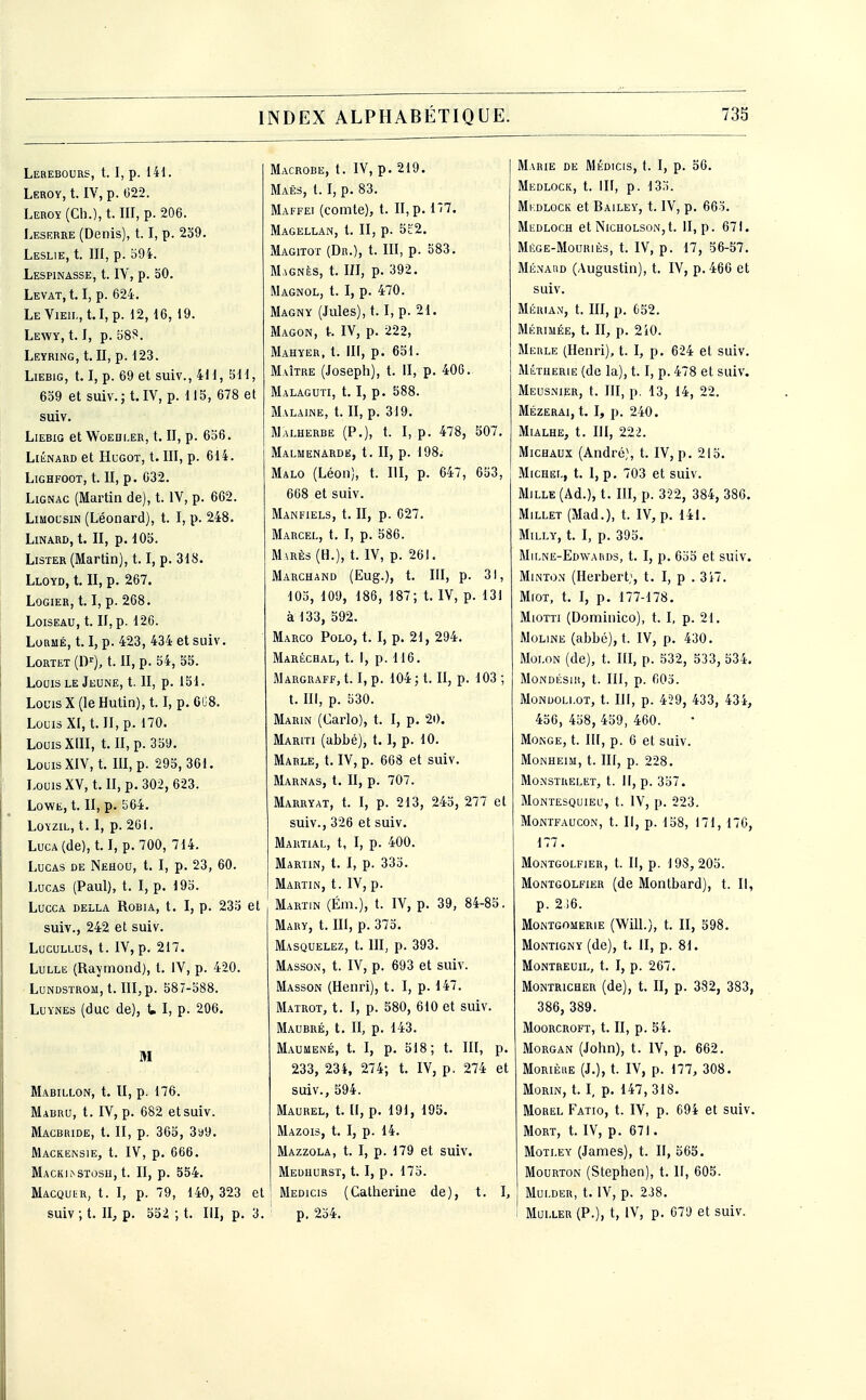 Lerebours, 1.1, p. 141. Leroy, t. IV, p. (322. Leroy (Ch.), t. III, p. 206. Leserre (Denis), 1.1, p. 239. Leslie, t. III, p. 594. Lespinasse, t. IV, p. oO. Levât, 1.1, p. 624. Le Vieil, t.I,p. 12,16, 19. Lewy, 1.1, p. Leyring, t. II, p. 123. LiEBiG, 1.1, p. 69 et suiv., 411, 511, 659 et suiv. ; t. IV, p. 115, 678 et suiv. LiEBIG et WOEHI.ER, t. II, p. 656. LiÉNARD et HUGOT, t. III, p. 614. LlGHFOOT, t. II, p. 632. LiGNAC (Martin de), t. IV, p. 662. Limousin (Léonard), t. I, p. 248. LiNARD, t. II, p. 105. Lister (Martin), 1.1, p. 318. Lloyd, t. II, p. 267. LoGiER, 1.1, p. 268. LoisEAU, t. II, p. 126. LoRMÉ, 1.1, p. 423, 434 et suiv. LORTET (D^), t. II, p. 54, o5. Louis LE Jeune, t. II, p. 151. LouisX(leHutin),t. I, p. 6U8. Louis XI, t. II, p. 170. Louis XIII, t. Il, p. 359. Louis XIV, t. m, p. 295, 361. Louis XV, t. II, p. 302, 623. Lowe, t. II, p. 564. LOYZIL, t. I, p. 201. LucA(de), 1.1, p. 700, 714. Lucas de Nehou, t. I, p. 23, 60. Lucas (Paul), t. I, p. 195. LUCCA DELLA ROBIA, t. I, p. 235 St suiv., 242 et suiv. LucuLLus, t. IV, p. 217. LuLLE (Raymond), l. IV, p. 420. LuNDSTROM, t. III,p. 587-588. LuYiNEs (duc de), U I, p. 206. M Mabillon, t. II, p. 176. Mabru, t. IV, p. 682 et suiv. Macbride, t. II, p. 365, 399. Mackensie, t. IV, p. 666. MACKI^STOSH, t. II, p. 554. Macquur, t. I, p. 79, 140, 323 et suiv ; t. II, p. 552 ; t. III, p. 3. Macrobe, t. IV,p. 219. Maés, 1.1, p. 83. Maffei (comte), t. II, p. 177. Magellan, t. Il, p. 5ê2. Magitot (Dr.), t. III, p. 583. MAGNfcs, t. m, p. 392. Magnol, t. I, p. 470. Magny (Jules), 1.1, p. 21. Magon, t. IV, p. 222, Mahyer, t. m, p. 651. Maître (Joseph), t. II, p. 406. Malaguti, t. I, p. 588. Malaine, t. II, p. 319. Malherbe (P.), t. I, p. 478, 507. Malmenarde, t. II, p. 198. Malo (Léon), t. III, p. 647, 653, 608 et suiv. Manfiels, t. II, p. 027. Marcel, t. I, p. 586. Marès (H.), t. IV, p. 261. Marchand (Eug.), t. III, p. 31, 103, 109, 186, 187; t. IV, p. 131 à 133, 592. Marco Polo, t. I, p. 21, 294. Maréchal, t. I, p. 116, Margraff, 1.1, p. 104 ; t. II, p. 103 ; t. III, p. 530. Marin (Carlo), t. I, p. 20. Mariti (abbé), t. I, p. 10. Marle, t. IV, p. 668 et suiv. Marnas, t. II, p. 707. Marryat, t. I, p. 213, 245, 277 el suiv., 326 et suiv. Martial, t, I, p. 400. Martin, t. I, p. 335. Martin, t. IV, p. Martin (Ém.), t. IV, p. 39, 84-85. Mary, t. III, p. 375. Masquelez, t. III, p. 393. Masson, t. IV, p. 693 et suiv. Masson (Henri), t. I, p. 147. Matrot, t. I, p. 580, 610 et suiv. Maubré, t. II, p. 143. Maumené, t. I, p. 518; t. III, p. 233, 234, 274; t. IV, p. 274 et suiv., 594. Maurel, t. II, p. 191, 195. Mazois, t. I, p. 14. Mazzola, t. I, p. 179 et suiv. Medhurst, t. I, p. 175. ! Medicis (Catherine de), t. I, p. 234. Marie de Médicis, t. I, p. 56. Medlock, t. Ilf, p. 135. Mi-.DLocK et Bailey, t. IV, p. 665. Medloch et NicHOLsoNjt. II, p. 671. Mége-Mouriès, t. IV, p. 17, 56-57. Ménaud (Augustin), t. IV, p. 460 et suiv. Mérian, t. III, p. C52. Mérimée, t. II, p. 2i0. Merle (Henri), t. I, p. 624 el suiv. MÉTHER1E (de la), 1.1, p. 478 et suiv. Meusnier, t. m, p. 13, 14, 22. Mézerai, t. I, p. 240. Mialhe, t. HI, 222. Michaux (André), t. IV, p. 215. Michel, t. 1, p. 703 et suiv. Mille (Ad.), t. III, p. 3?.2, 384, 380. Millet (Mad.), t. IV, p. 141. Milly, t. I, p. 393. Milne-Edwards, t. I, p. 655 et suiv. MiNTO\ (Herbert;, t. I, p . 3i7. MioT, t. I, p. 177-178. MiOTTi (Dominico), t. I, p. 21. MoLiNE (abbé), t. IV, p. 430. MoLON (de), t. ni, p. 532, 333, 534. MONDÉSIH, t. III, p. fiOo. MoNDOLLOT, t. IJI, p. 429, 433, 434, 456, 458, 459, 460. Monge, t. HI, p. 6 et suiv. Monheim, t. in, p. 228. Monstrelet, t. n, p. 357. Montesquieu, t. IV, p. 223. MoNTFAUcoN, t. Il, p. 158, 171, 170, 177. Montgolfier, t. Il, p. 198,205. Montgolfier (de Montbard), t. Il, p. 216. MONTGOMERIE (WilL), t. II, 598. Montigny (de), t. II, p. 81. MONTREUIL, t. I, p. 207. Montricher (de), t. II, p. 382, 383, 386, 389. MOORCROFT, t. II, p. 54. Morgan (John), t. IV, p. 662. MoRiÈiiE (J.), t. IV, p. 177, 308. MûRiN, t. I, p. 147, 318. MoREL Fatio, t. IV, p. 694 et suiv. Mort, t. IV, p. 671. MoTLEY (James), t. II, 565. Mourton (Stephen), t. II, 605. j MULDER, t. IV, p. 238. I Mui.LER (P.), t, IV, p. 07a et suiv.