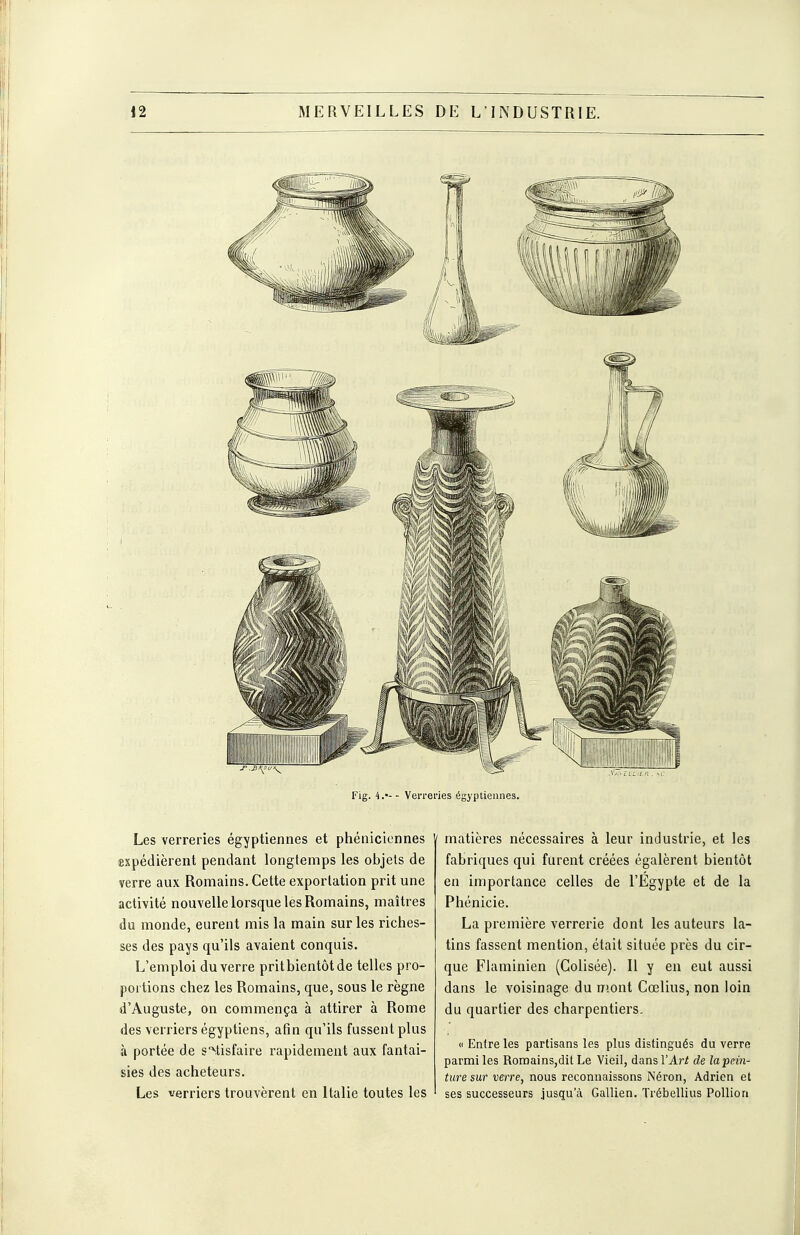 Fig. 4.'- - Verreries égyptiennes. Les verreries égyptiennes et phéniciennes expédièrent pendant longtemps les objets de verre aux Romains. Cette exportation prit une activité nouvelle lorsque les Romains, maîtres du monde, eurent mis la main sur les riches- ses des pays qu'ils avaient conquis. L'emploi du verre pritbientôtde telles pro- portions chez les Romains, que, sous le règne d'Auguste, on commença à attirer à Rome des verriers égyptiens, afin qu'ils fussent plus à portée de s'^tisfaire rapidement aux fantai- sies des acheteurs. Les verriers trouvèrent en Italie toutes les ' matières nécessaires à leur industrie, et les fabriques qui furent créées égalèrent bientôt en importance celles de l'Egypte et de la Phénicie. La première verrerie dont les auteurs la- tins fassent mention, était située près du cir- que Flaminien (Golisée). Il y en eut aussi dans le voisinage du mont Cœlius, non loin du quartier des charpentiers. (I Entre les partisans les plus distingués du verre parmi les Romains,dit Le Vieil, dans VArt de la pein- ture sur verre, nous reconnaissons Néron, Adrien et ses successeurs jusqu'à Gallien. Trébellius PoUion