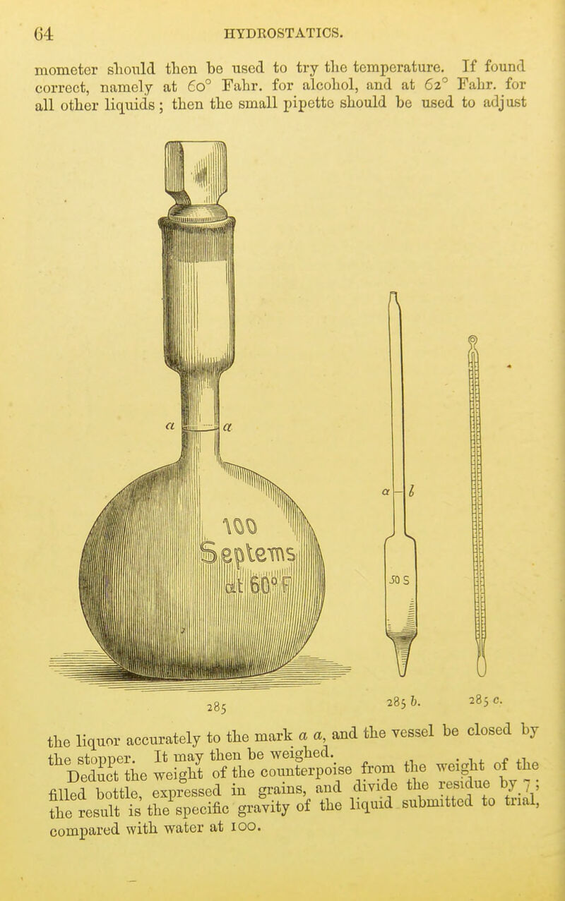 mometcr slioiild tlieii be used to try the temperature. If found correct, namely at 60° Falir. for alcohol, and at 62° Fahr. for all other liquids; then the small pipette should be used to adjust S JOS 285 285 h. 285 c. the liquor accurately to the mark a a, and the yessel be closed by the stopper. It may then be weighed. . •. . r 4.1 Dedu t tie weight of the counterpoise from the weight of the filled bottle, expressed in grains, and divide the residue ^7 7 5 the result is the specific gravity of the liquid submitted to trial, compared with water at 100.