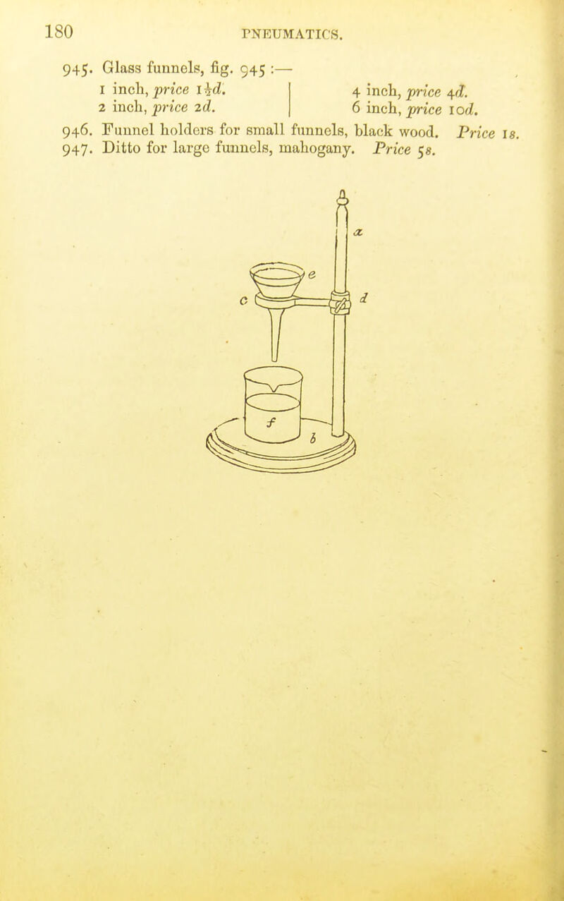 945. Glass funnels, fig. 945 :— 1 inch, price i^d. 2 inch, price 2d. 946. Funnel holders for small funnels, black wood. 947. Ditto for large funnels, mahogany. Price 5«. 4 inch, price ^d. 6 inch, price lod. Price 18.