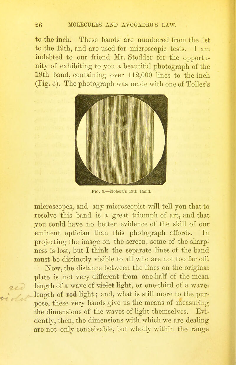 to the inch. These bands are numbered from the 1st to the 19th, and are used for microscopic tests. I am indebted to our friend Mr. Stodder for the opportu- nity of exhibiting to you a beautiful photograph of the 19th band, containing over 112,000 lines to the inch (Figo 3). The photograph was made with one of Tolles's Fig. 3.—Noberfs lOth Eand. microscopes, and any microscopist will tell you that to resolve this band is a great triumph of art, and that you could have no better evidence of the skill of our eminent optician than this photograph affords. In projecting the image on the screen, some of the sharp- ness is lost, but I think the separate lines of the band must be distinctly visible to all who are not too far off. Now, the distance between the lines on the original plate is not very different from one-half of the mean length of a wave of violet light, or one-third of a wave- ••^ length of i=6d light; and, what is still more to the pur- pose, these very bands give us the means of measuring the dimensions of the waves of light themselves. Evi- dently, then, the dimensions Avith which we are dealing arc not only conceivable, but wholly within the range