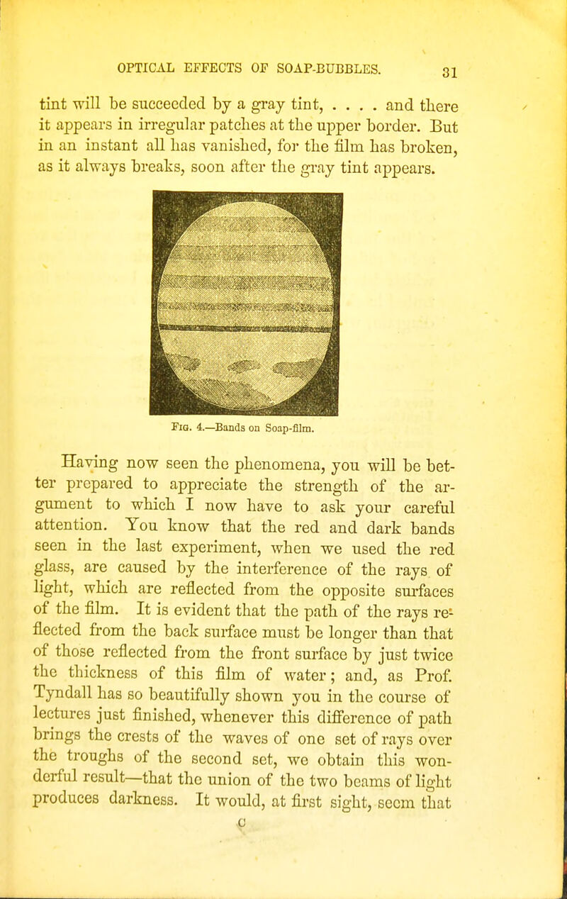 OPTICAL EFFECTS OF SOAP-BUBBLES. tint will be succeeded by a gray tint, .... and tliere it appears in irregular patches at the upper border. But in an instant all lias vanislied, for the film has broken, as it always breaks, soon after the gray tint appears. Fig. 4.—Bands on Soap-film. Having now seen the phenomena, you will be bet- ter prepared to appreciate the strength of the ar- gument to which I now have to ask your careful attention. You know that the red and dark bands seen in the last experiment, when we used the red glass, are caused by the interference of the rays of light, which are reflected from the opposite sui-faces of the film. It is evident that the path of the rays re- flected from the back surface must be longer than that of those reflected from the front surface by just twice the thickness of this film of water; and, as Prof Tyndall has so beautifully shown you in the course of lectures just finished, whenever this difi'erence of path brings the crests of the waves of one set of rays over the troughs of the second set, we obtain this won- derful result—that the union of the two beams of light produces darkness. It would, at first sight, seem that