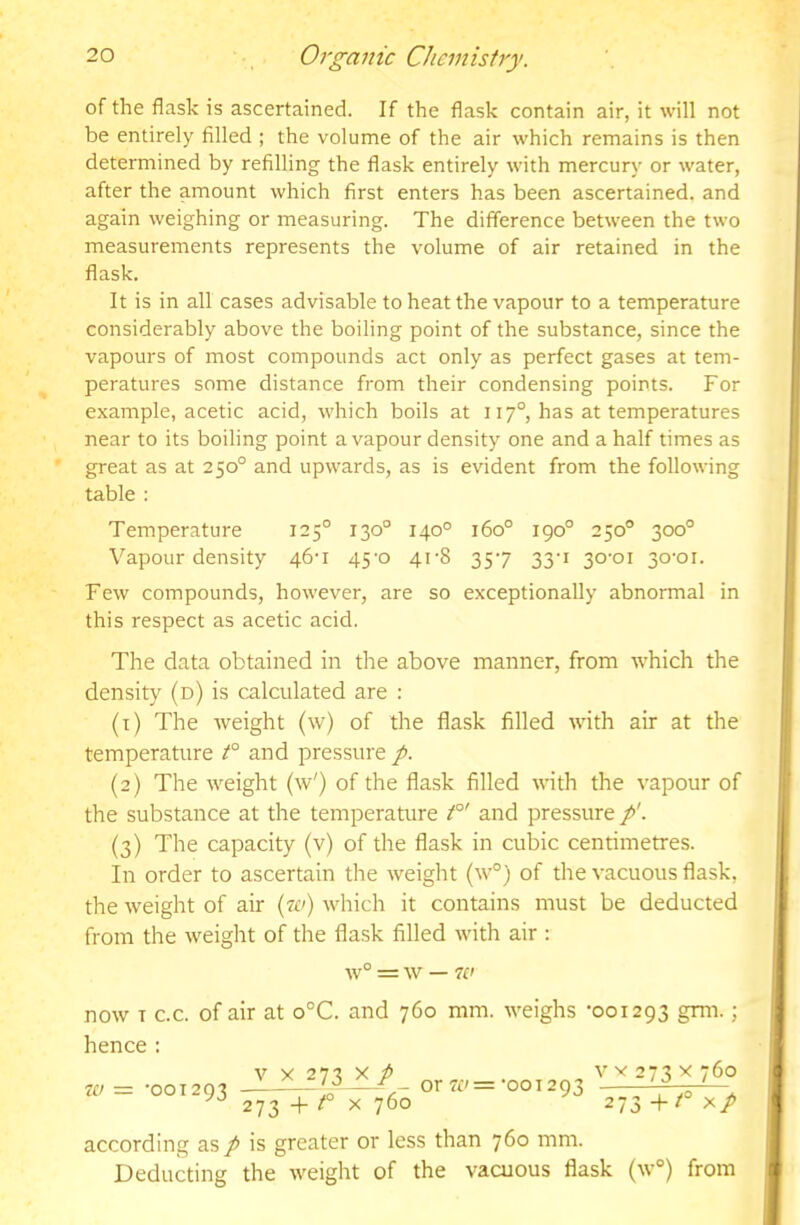 of the flask is ascertained. If the flask contain air, it will not be entirely filled ; the volume of the air which remains is then determined by refilling the flask entirely with mercury or water, after the amount which first enters has been ascertained, and again weighing or measuring. The difference between the two measurements represents the volume of air retained in the flask. It is in all cases advisable to heat the vapour to a temperature considerably above the boiling point of the substance, since the vapours of most compounds act only as perfect gases at tem- peratures some distance from their condensing points. For example, acetic acid, which boils at 117°, has at temperatures near to its boiling point a vapour density one and a half times as great as at 250° and upwards, as is evident from the following table : Temperature 125° 130° 140° 160° 190° 250° 300° Vapour density 46-1 45-0 41-8 357 33-1 30-01 30-01. Few compounds, however, are so exceptionally abnormal in this respect as acetic acid. The data obtained in the above manner, from which the density (d) is calculated are : (1) The weight (w) of the flask filled with air at the temperature t° and pressure p. (2) The weight (w') of the flask filled w-ith the vapour of the substance at the temperature t°' and pressure p'. (3) The capacity (v) of the flask in cubic centimetres. In order to ascertain the weight (w°) of the vacuous flask, the weight of air (a') which it contains must be deducted from the weight of the flask filled with air : w° = w — iu now T C.C. of air at o°C. and 760 mm. weighs -001293 grm.; hence ; = -001293 or7r/=-001293 273 -b ^ X 760 V V 273 X 760 273 T^° X/ according as p is greater or less than 760 mm. Deducting the weight of the vacuous flask (w°) from