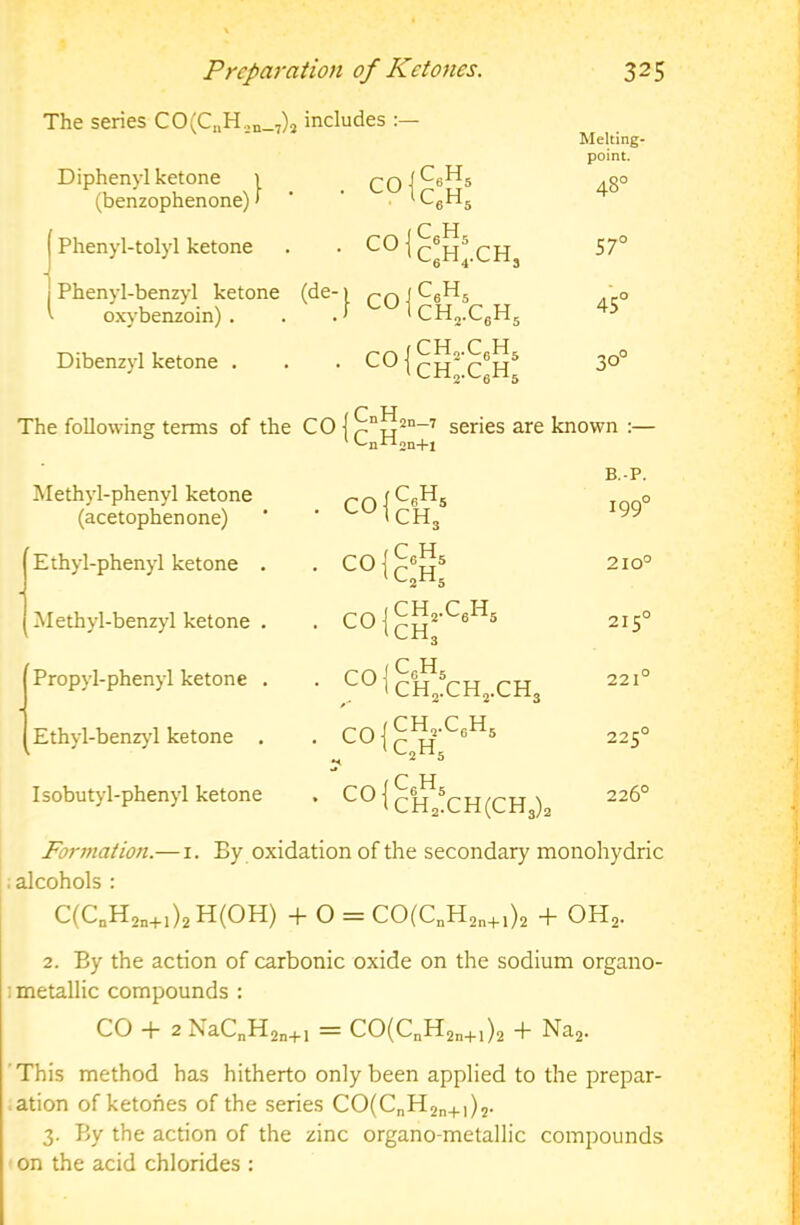 The series CO(C„H„n_7)s Diphenyl ketone 1 (benzophenone)* includes :— r-f) -f ^6^5 Melting- point. 48° Phenyl-tolyl ketone 57° Phenyl-benzyl ketone 45° oxybenzoin) . Dibenzyl ketone . CO 1 30° p •LJ The following terms of the CO {series are known :— ^ '^n-^2n+l Methyl-phenyl ketone (acetophenone) CO 1 ^6^5 B.-P. 199° 1 Ethyl-phenyl ketone . CO 1 ^6^5 210° 1 Methyl-benzyl ketone . ,CH,.CeH, 215° Propyl-phenyl ketone . PO i • 'r'^lCH^.CHj.CHs 221° Ethyl-benzyl ketone . CO ■( 225° Isobutyl-phenyl ketone CO 1 ^6^5 • '“*^1CH2.CH(CH3)2 226° Formation.— i. By oxidation of the secondary monohydric . alcohols : C(C„H2„+,)2H(0H) + O = C0(C„H2„+,)2 + OH2. 2. By the action of carbonic oxide on the sodium organo- I metallic compounds : CO + 2 NaCnH2n+l = CO(CnH2„4.])2 + Na2- ' This method has hitherto only been applied to the prepar- ation of ketones of the series CO(CnH2„+i)2. 3. By the action of the zinc organo-metallic compounds on the acid chlorides :