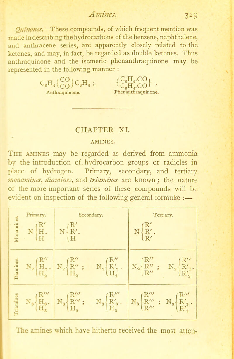 39 Qnimnes.—These compounds, of which frequent mention was made in describing the hydrocarbons of the benzene, naphthalene, and anthracene series, are apparently closely related to the ketones, and may, in fact, be regarded as double ketones. Thus anthraquinone and the isomeric phenanthraquinone may be represented in the following manner : Anthraquinone. tCeH,.COf • Phenanthraquinone. CHAPTER XL AMINES. The amines may be regarded as derived from ammonia by the introduction of . hydrocarbon groups or radicles in place of hydrogen. Primary, secondary, and tertiary monamines, diamines, and triamines are known; the nature of the more important series of these compounds will be evident on inspection of the following general formulae :— Monamiacs. Secondary. fR' nJr'. Ih Tertiary. fR' NR'. Ir' •d (R 1 N, H,. .2 (H^ fR fR N, R ; N3 R'„. IH3 (H, fR fR N3 R ; N3 R'„. Ir (r'3 ■fl fR' •I H3. •S IH3 fR/ -J^/// N3^R'; N3 R'3. (H3 IH3 fR' fR' N3 R' ; N3 R'3. (R' (R'3 The amines which have hitherto received the most atten-