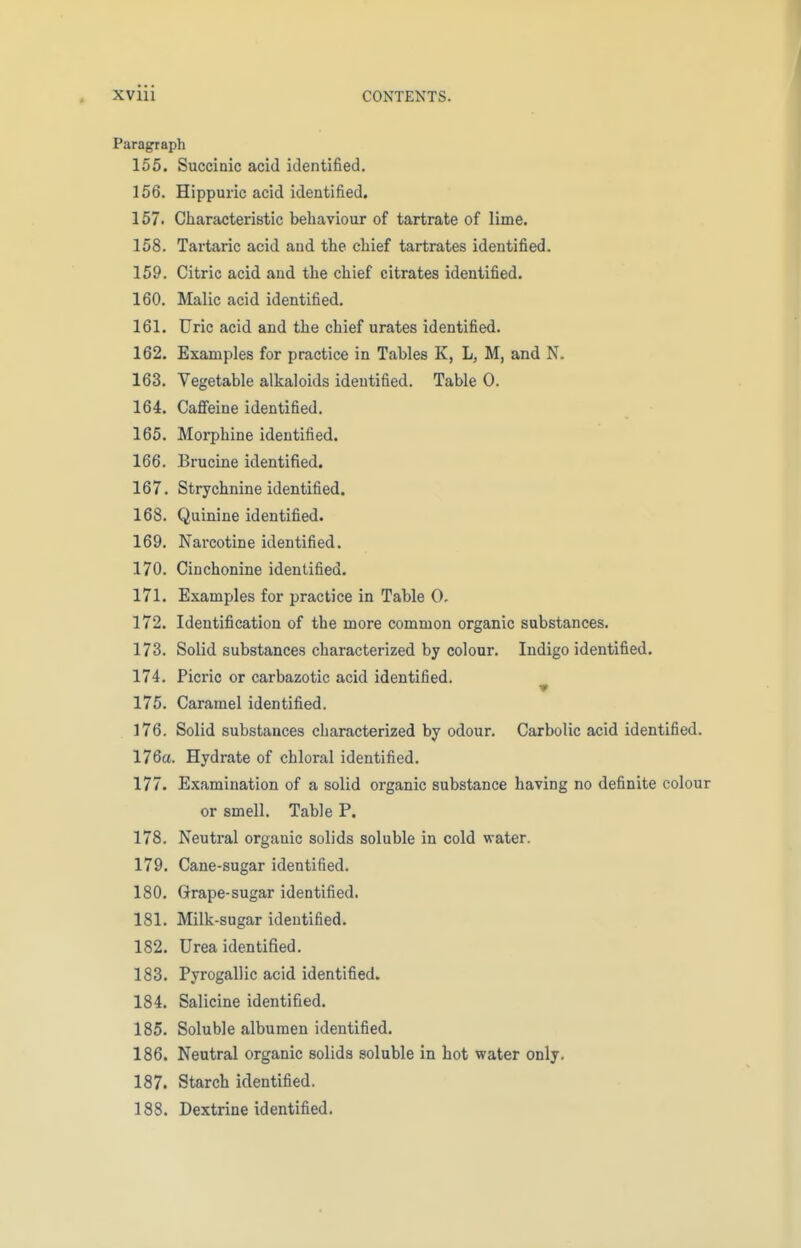 Paragraph 155. Succinic acid identified. 156. Hippuric acid identified. 157. Characteristic behaviour of tartrate of lime. 158. Tartaric acid and the chief tartrates identified. 159. Citric acid and the chief citrates identified. 160. Malic acid identified. 161. Uric acid and the chief urates identified. 162. Examples for practice in Tables K, L, M, and N. 163. Vegetable alkaloids identified. Table 0. 164. Caffeine identified. 165. Morphine identified. 166. Brucine identified. 167. Strychnine identified. 168. Quinine identified. 169. Narcotine identified. 170. Cinchonine identified. 171. Examples for practice in Table 0. 172. Identification of the more common organic substances. 173. Solid substances characterized by colour. Indigo identified. 174. Picric or carbazotic acid identified. 175. Caramel identified. 176. Solid substances characterized by odour. Carbolic acid identified. 176a. Hydrate of chloral identified. 177. Examination of a solid organic substance having no definite colour or smell. Table P. 178. Neutral organic solids soluble in cold water. 179. Cane-sugar identified. 180. Grape-sugar identified. 181. Milk-sugar identified. 182. Urea identified. 183. Pyrogallic acid identified. 184. Salicine identified. 185. Soluble albumen identified. 186. Neutral organic solids soluble in hot water only. 187. Starch identified. 188. Dextrine identified.