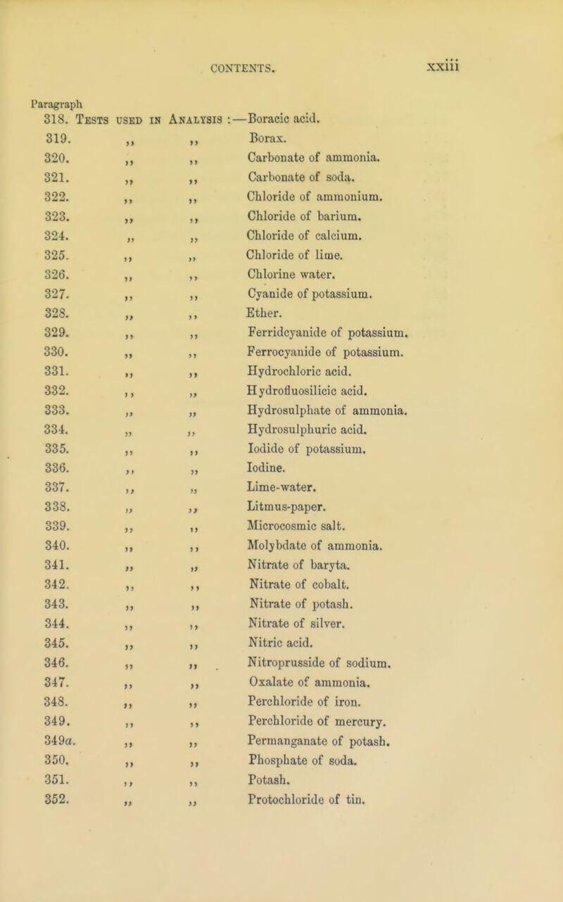Paragraph 318. Tests USED in Analysis :—Boracic acid. 319. n >> Borax. 320. n >> Carbonate of ammonia. 321. >> i * Carbonate of soda. 322. i» >) Chloride of ammonium. 323. i» >i Chloride of barium. 324. »> ii Chloride of calcium. 325. if >> Chloride of lime. 326. »> Chlorine water. 327. n ii Cyanide of potassium. 328. >» 11 Ether. 329. i> Ferridcyanide of potassium. 330. >i > » Ferrocyanide of potassium. 331. >i >> Hydrochloric acid. 332. I > >> Hydrotluosilicic acid. 333. M >> Hydrosulphate of ammonia. 334. }> >> Hydrosulphuric acid. 335. n >> Iodide of potassium. 336. i > )» Iodine. 337. >> >J Lime-water. 338. i> > J Litmus-paper. 339. u 1» Microcosmic salt. 340. >> 1 I Molybdate of ammonia. 341. >> » JN urate of baryta. 342. >> > > Nitrate of cobalt. 343. n >) Nitrate of potash. 344. >i >> XT* A A A* '1 Nitrate of silver. 345. »> >> mtric acid. 346. >> II JN ltroprusside of sodium. 347. n II Oxalate of ammonia. 348. n II Perchloride of iron. 349. >> 1 I Perchloride of mercury. 349a. II II Permanganate of potash. 350. n II Phosphate of soda. 351. )» }» Potash. 352. >» )> Protochloride of tin.