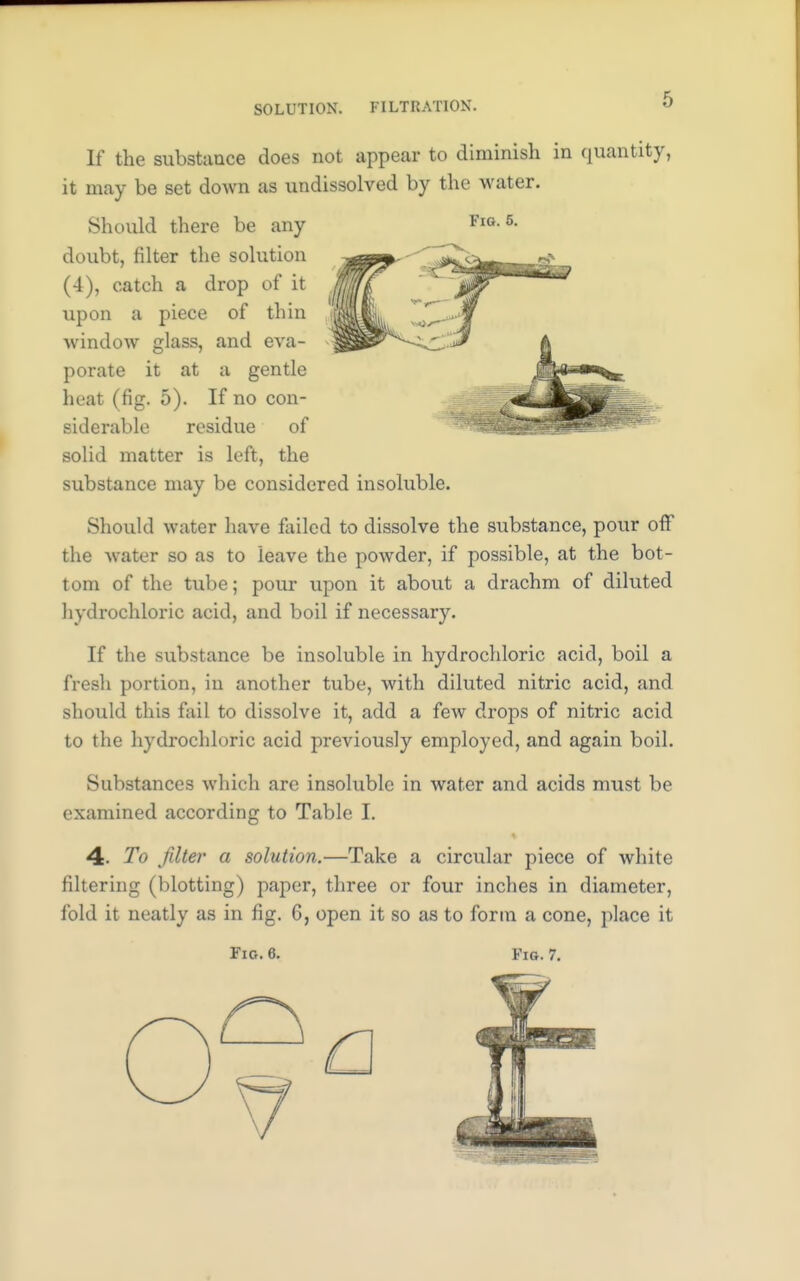 SOLUTION. FILTRATION. If the substance does not appear to diminish in quantity, it may be set down as undissolved by the water. Should there be any doubt, filter the solution (4), catch a drop of it upon a piece of thin window glass, and eva- porate it at a gentle beat (fig. 5). If no con- siderable residue of solid matter is left, the substance may be considered insoluble. Should water have failed to dissolve the substance, pour off the water so as to leave the powder, if possible, at the bot- tom of the tube; pour upon it about a drachm of diluted hydrochloric acid, and boil if necessary. If the substance be insoluble in hydrochloric acid, boil a fresh portion, in another tube, with diluted nitric acid, and should this fail to dissolve it, add a few drops of nitric acid to the hydrochloric acid previously employed, and again boil. Substances which are insoluble in water and acids must be examined according to Table I. 4. To filter a solution.—Take a circular piece of white filtering (blotting) paper, three or four inches in diameter, fold it neatly as in fig. 6, open it so as to form a cone, place it Fig. 6. Fig. 7.