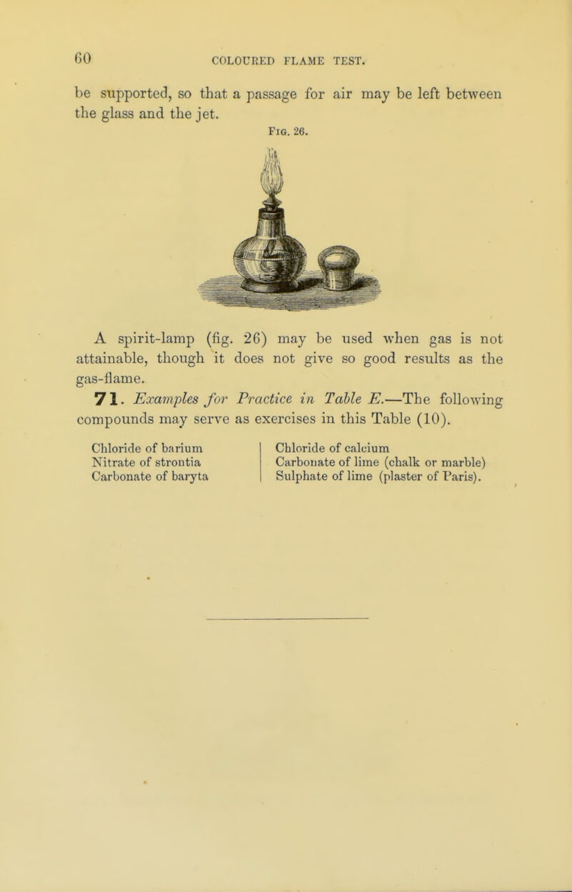 GO be supported, so that a passage for air may be left between the glass and the jet. A spirit-lamp (fig. 26) may be used when gas is not attainable, though it does not give so good results as the gas-flame. 71- Examples for Practice in Table E.—The following compounds may serve as exercises in this Table (10). Chloride of barium Chloride of calcium Nitrate of strontia Carbonate of lime (chalk or marble) Carbonate of baryta Sulphate of lime (plaster of Paris).