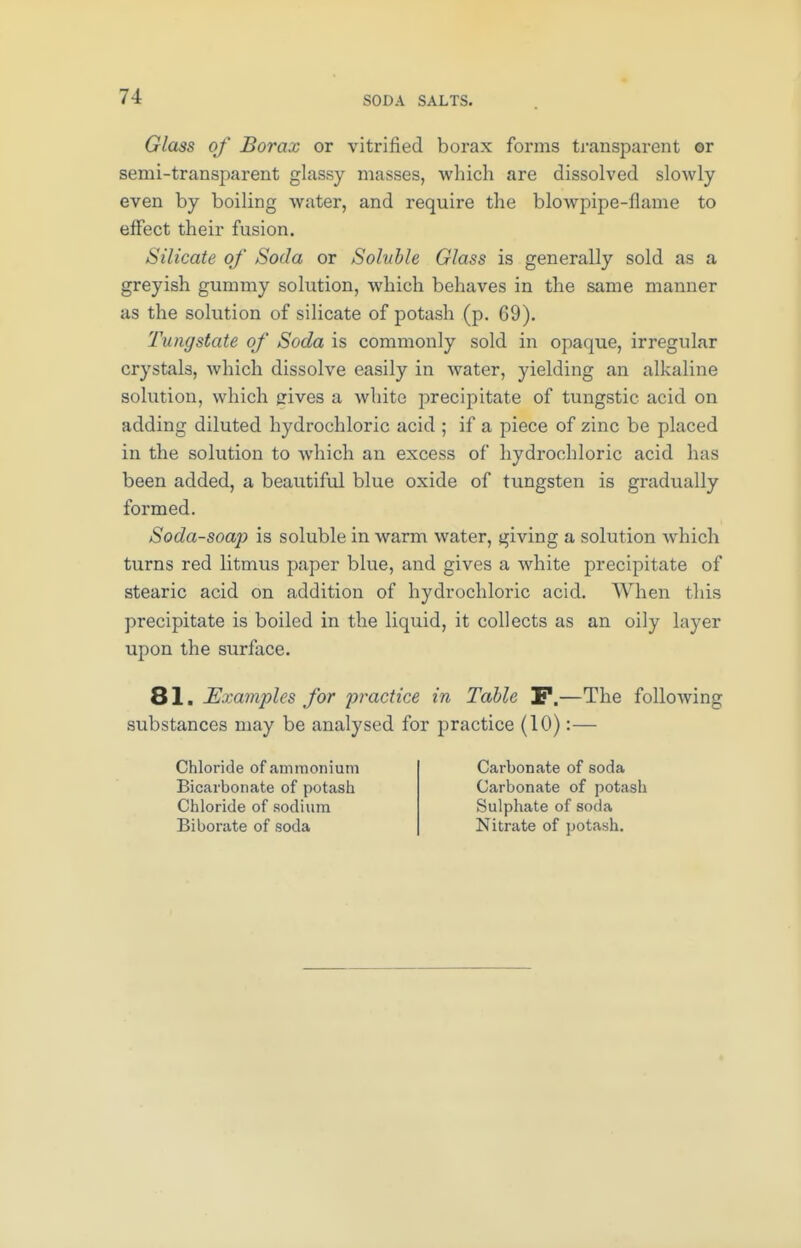 SODA SALTS. Glass of Borax or vitrified borax forms transparent or semi-transparent glassy masses, which are dissolved slowly even by boiling water, and require the blowpipe-flame to effect their fusion. Silicate of Soda or Soluble Glass is generally sold as a greyish gummy solution, which behaves in the same manner as the solution of silicate of potash (p. 69). Tungstate of Soda is commonly sold in opaque, irregular crystals, which dissolve easily in water, yielding an alkaline solution, which {rives a white precipitate of tungstic acid on adding diluted hydrochloric acid ; if a piece of zinc be placed in the solution to which an excess of hydrochloric acid has been added, a beautiful blue oxide of tungsten is gradually formed. Soda-soap is soluble in warm water, giving a solution which turns red litmus paper blue, and gives a white precipitate of stearic acid on addition of hydrochloric acid. When this precipitate is boiled in the liquid, it collects as an oily layer upon the surface. 81. Examples for practice in Table P.—The following substances may be analysed for practice (10):— Chloride of ammonium Carbonate of soda Bicarbonate of potash Carbonate of potash Chloride of sodium Sulphate of soda Biborate of soda Nitrate of potash.