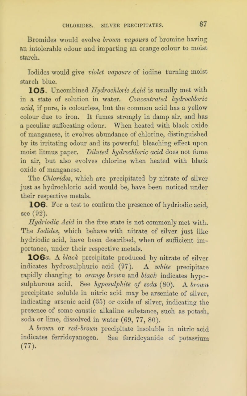 Bromides would evolve brown vapours of bromine having an intolerable odour and imparting an orange colour to moist starch. Iodides would give violet vapours of iodine turning moist starch blue. 105. Uncombined Hydrochloric Acid is usually met with in a state of solution in water. Concentrated hydrochloric acid, if pure, is colourless, but the common acid has a yellow colour due to iron. It fumes strongly in damp air, and has a peculiar suffocating odour. When heated with black oxide of manganese, it evolves abundance of chlorine, distinguished by its irritating odour and its powerful bleaching effect upon moist litmus paper. Diluted hydrochloric acid does not fume in air, but also evolves chlorine when heated with black oxide of manganese. The Chlorides, which are precipitated by nitrate of silver just as hydrochloric acid would be, have been noticed under their respective metals. 106 For a test to confirm the presence of hydriodic acid, see (92). Hydriodic Acid in the free state is not commonly met with. The Iodides, which behave with nitrate of silver just like hydriodic acid, have been described, when of sufficient im- portance, under their respective metals. 106 A black precipitate produced by nitrate of silver indicates hydrosulphuric acid (97). A white precipitate rapidly changing to orange brown and black indicates hypo- sulphurous acid. See hyposulphite of soda (80). A brown precipitate soluble in nitric acid may be arseniate of silver, indicating arsenic acid (35) or oxide of silver, indicating the presence of some caustic alkaline substance, such as potash, soda or lime, dissolved in water (69, 77, 80). A broivn or red-brown precipitate insoluble in nitric acid indicates ferridcyanogen. See ferridcyanide of potassium (77).