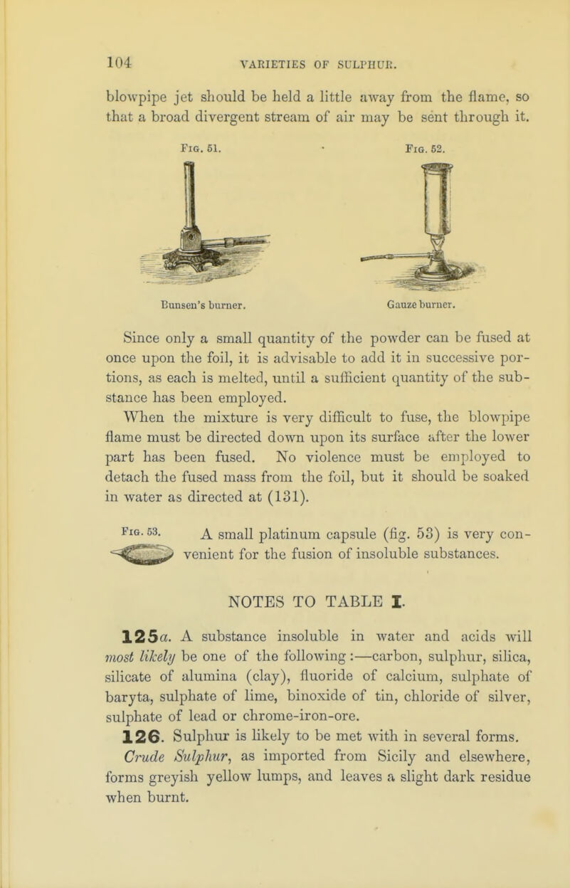 blowpipe jet should be held a little away from the flame, so that a broad divergent stream of air may be sent through it. Fig. 61. • Fig. 52. Eunsen's burner. Gauze burner. Since only a small quantity of the powder can be fused at once upon the foil, it is advisable to add it in successive por- tions, as each is melted, until a sufficient quantity of the sub- stance has been employed. When the mixture is very difficult to fuse, the blowpipe flame must be directed down upon its surface after the lower part has been fused. No violence must be employed to detach the fused mass from the foil, but it should be soaked in water as directed at (131). Fig. 53. a small platinum capsule (fig. 53) is very con- venient for the fusion of insoluble substances. NOTES TO TABLE I. 125«. A substance insoluble in water and acids will most likely be one of the following :—carbon, sulphur, silica, silicate of alumina (clay), fluoride of calcium, sulphate of baryta, sulphate of lime, binoxide of tin, chloride of silver, sulphate of lead or chrome-iron-ore. 126. Sulphur is likely to be met with in several forms. Crude Sulphur, as imported from Sicily and elsewhere, forms greyish yellow lumps, and leaves a slight dark residue when burnt.