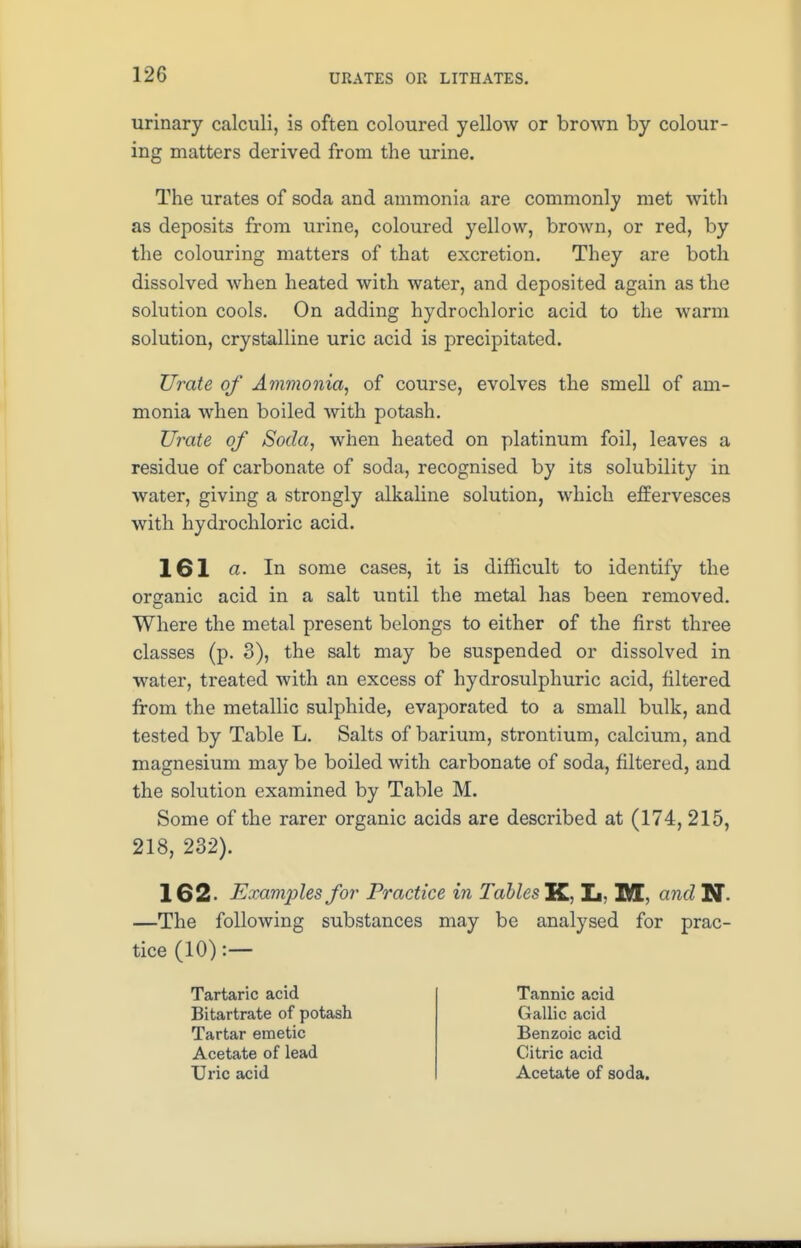 URATES OR LITHATES. urinary calculi, is often coloured yellow or brown by colour- ing matters derived from the urine. The urates of soda and ammonia are commonly met with as deposits from urine, coloured yellow, brown, or red, by the colouring matters of that excretion. They are both dissolved when heated with water, and deposited again as the solution cools. On adding hydrochloric acid to the warm solution, crystalline uric acid is precipitated. Urate of Ammonia, of course, evolves the smell of am- monia when boiled with potash. Urate of Soda, when heated on platinum foil, leaves a residue of carbonate of soda, recognised by its solubility in water, giving a strongly alkaline solution, which effervesces with hydrochloric acid. 161 a. In some cases, it is difficult to identify the organic acid in a salt until the metal has been removed. Where the metal present belongs to either of the first three classes (p. 3), the salt may be suspended or dissolved in water, treated with an excess of hydrosulphuric acid, filtered from the metallic sulphide, evaporated to a small bulk, and tested by Table L. Salts of barium, strontium, calcium, and magnesium may be boiled with carbonate of soda, filtered, and the solution examined by Table M. Some of the rarer organic acids are described at (174, 215, 218, 232). 162- Examples for Practice in Tables K, L. M, and N- —The following substances may be analysed for prac- tice (10) :— Tartaric acid Bitartrate of potash Tartar emetic Acetate of lead Uric acid Tannic acid Gallic acid Benzoic acid Citric acid Acetate of soda.