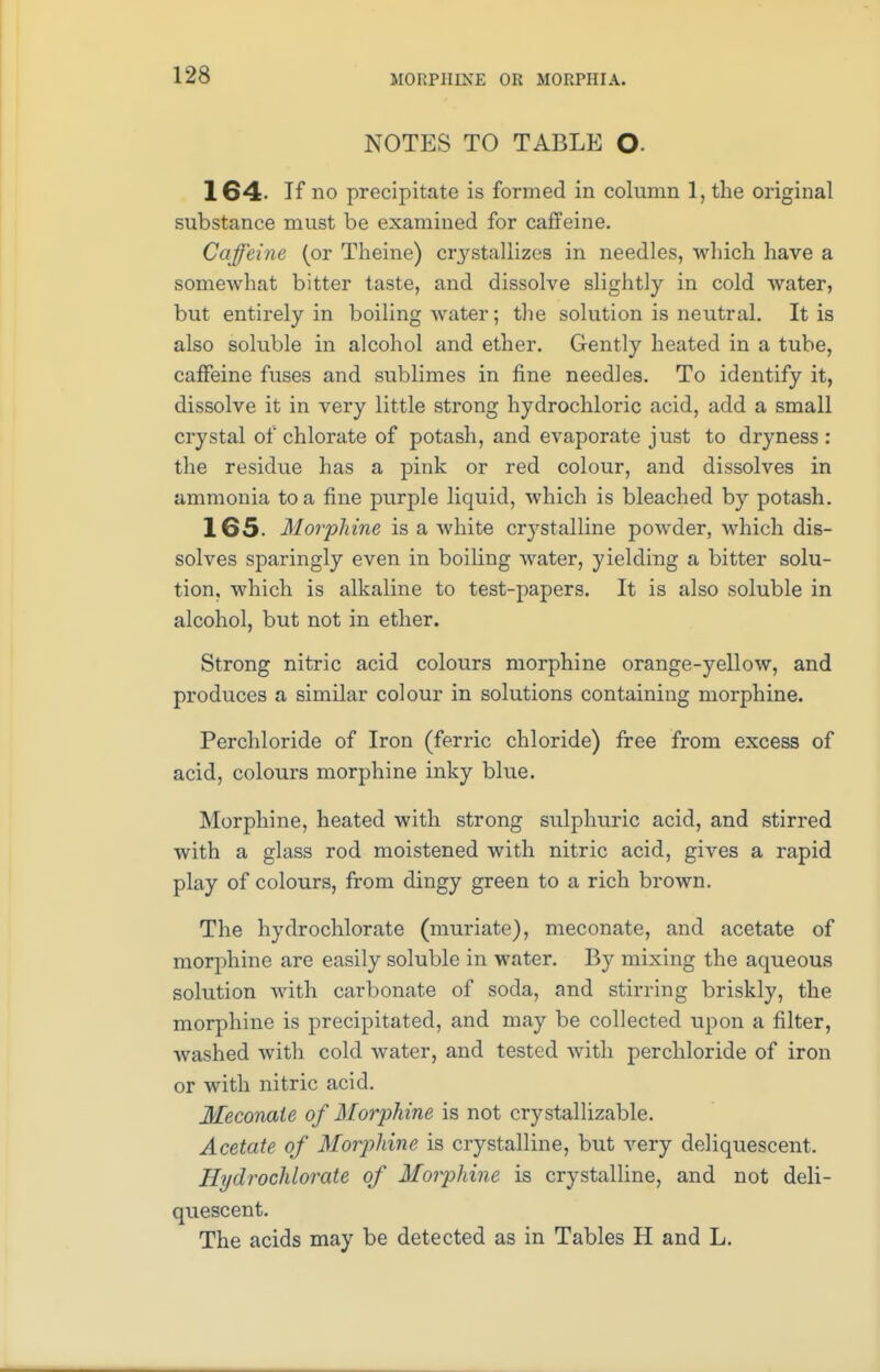 NOTES TO TABLE O 164- If no precipitate is formed in column 1, the original substance must be examined for caffeine. Caffeine (or Theine) crystallizes in needles, which have a somewhat bitter taste, and dissolve slightly in cold water, but entirely in boiling waiter; the solution is neutral. It is also soluble in alcohol and ether. Gently heated in a tube, caffeine fuses and sublimes in fine needles. To identify it, dissolve it in very little strong hydrochloric acid, add a small crystal of chlorate of potash, and evaporate just to dryness : the residue has a pink or red colour, and dissolves in ammonia to a fine purple liquid, which is bleached by potash. 165- Morphine is a white crystalline powder, which dis- solves sparingly even in boiling water, yielding a bitter solu- tion, which is alkaline to test-papers. It is also soluble in alcohol, but not in ether. Strong nitric acid colours morphine orange-yellow, and produces a similar colour in solutions containing morphine. Perchloride of Iron (ferric chloride) free from excess of acid, colours morphine inky blue. Morphine, heated with strong sulphuric acid, and stirred with a glass rod moistened with nitric acid, gives a rapid play of colours, from dingy green to a rich brown. The hydrochlorate (muriate), meconate, and acetate of morphine are easily soluble in water. By mixing the aqueous solution with carbonate of soda, and stirring briskly, the morphine is precipitated, and may be collected upon a filter, washed with cold water, and tested with perchloride of iron or with nitric acid. Meconate of Morphine is not crystallizable. Acetate of Morphine is crystalline, but very deliquescent. Hydrochlorate of Morphine is crystalline, and not deli- quescent. The acids may be detected as in Tables H and L.