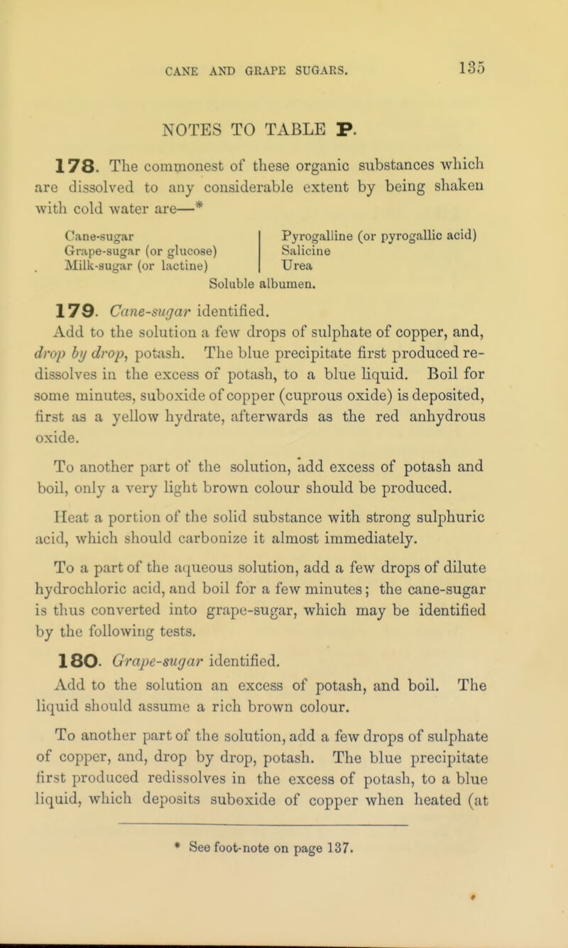 CANE AND GRAPE SUGARS. NOTES TO TABLE P. 178. The commonest of these organic substances which are dissolved to any considerable extent by being shaken with cold water are—* Cane-sugar Pyrogalline (or pyrogallic acid) Grape-sugar (or glucose) Salicine Milk-sugar (or lactine) Urea Soluble albumen. 179- Cane-sugar identified. Add to the solution a few drops of sulphate of copper, and, drop by drop, potash. The blue precipitate first produced re- dissolves in the excess of potash, to a blue liquid. Boil for some minutes, suboxide of copper (cuprous oxide) is deposited, first as a yellow hydrate, afterwards as the red anhydrous oxide. To another part of the solution, add excess of potash and boil, only a very light brown colour should be produced. Heat a portion of the solid substance with strong sulphuric acid, which should carbonize it almost immediately. To a part of the aqueous solution, add a few drops of dilute hydrochloric acid, and boil for a few minutes; the cane-sugar is thus converted into grape-sugar, which may be identified by the following tests. 180 Grape-sugar identified. Add to the solution an excess of potash, and boil. The liquid should assume a rich brown colour. To another part of the solution, add a few drops of sulphate of copper, and, drop by drop, potash. The blue precipitate first produced redissolves in the excess of potash, to a blue liquid, which deposits suboxide of copper when heated (at * See foot-note on page 137.