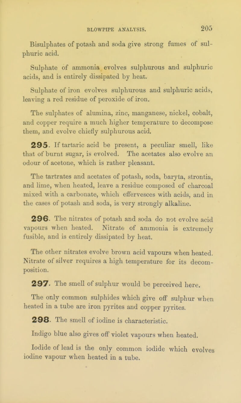 Bisulphates of potash and soda give strong fumes of sul- phuric acid. Sulphate of ammonia evolves sulphurous and sulphuric acids, and is entirely dissipated by heat. Sulphate of iron evolves sulphurous and sulphuric acids, leaving a red residue of peroxide of iron. The sulphates of alumina, zinc, manganese, nickel, cobalt, and copper require a much higher temperature to decompose them, and evolve chiefly sulphurous acid. 295- If tartaric acid be present, a peculiar smell, like that of burnt sugar, is evolved. The acetates also evolve an odour of acetone, which is rather pleasant. The tartrates and acetates of potash, soda, baryta, strontia, and lime, when heated, leave a residue composed of charcoal mixed with a carbonate, which effervesces with acids, and in the cases of potash and soda, is very strongly alkaline. 296- The nitrates of potash and soda do not evolve acid vapours when heated. Nitrate of ammonia is extremely fusible, and is entirely dissipated by heat. The other nitrates evolve brown acid vapours when heated. Nitrate of silver requires a high temperature for its decom- position. 297- The smell of sulphur would be perceived here. The only common sulphides which give off sulphur when heated in a tube are iron pyrites and copper pyrites. 298- The smell of iodine is characteristic. Indigo blue also gives off violet vapours when heated. Iodide of lead is the only common iodide which evolves iodine vapour when heated in a tube.