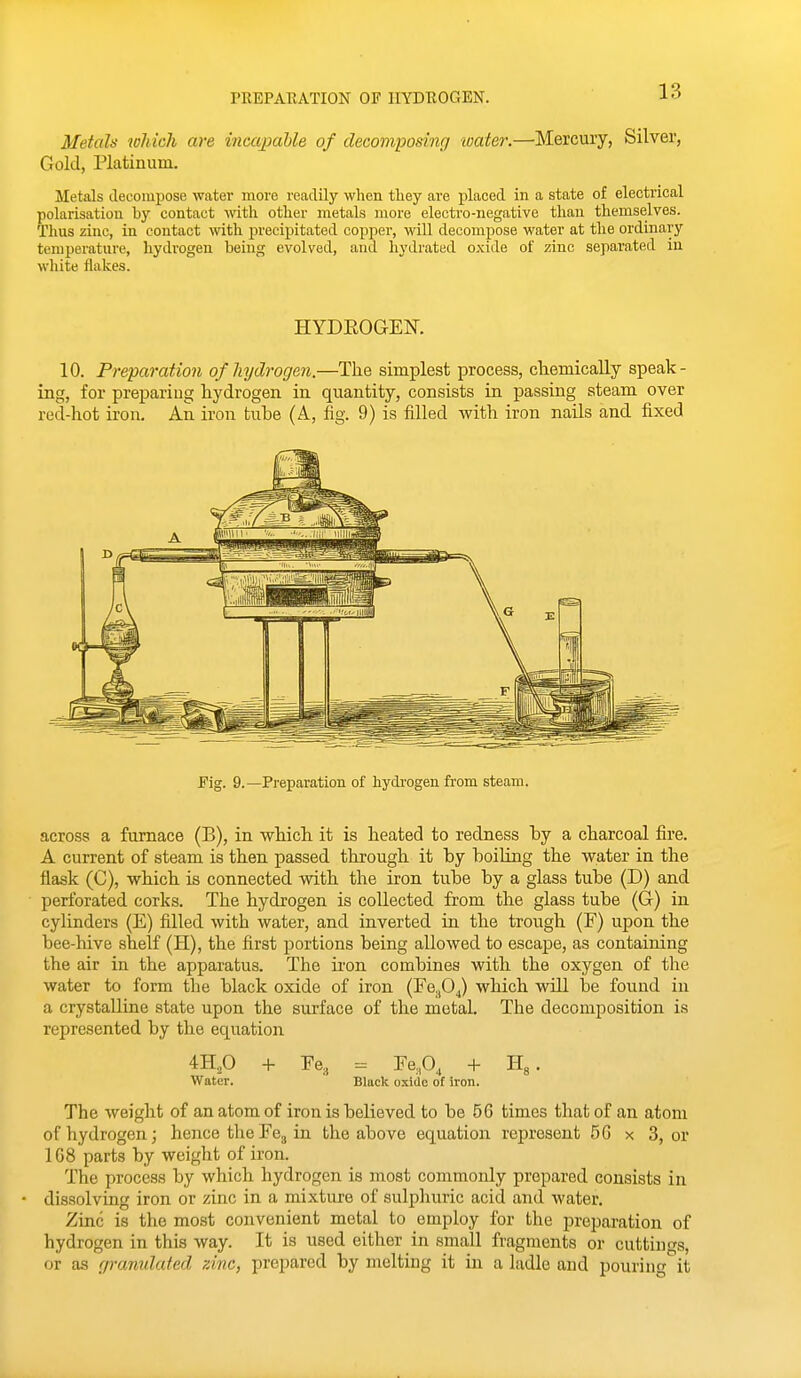 Metals which are incapaUe of decomposing -water.—Mercury, Silver, Gold, Platinum. Metals decomjiose water more readily when they are placed in a state of electrical polarisation by contact with other metals more electro-negative than themselves. Thus zinc, in contact with precipitated copper, wiU decomjiose water at the ordinary temperature, hydrogen being evolved, and hydrated oxide of zinc separated in wliite flakes. HYDEOGEK 10. Preparation of hydrogen.—The simplest process, chemically speak- ing, for preparing hydrogen in quantity, consists in passing steam over red-hot iron. An iron tube (A, fig. 9) is filled with iron nails and fixed Fig. 9.—Preparation of hydrogen from steam. across a furnace (B), in which it is heated to redness by a charcoal fire. A current of steam is then passed through it by boiling the water in the flask (C), which is connected with the iron tube by a glass tube (D) and perforated corks. The hydrogen is collected from the glass tube (G) in cylinders (E) filled with water, and inverted in the trough (F) upon the bee-hive shelf (H), the first portions being allowed to escape, as containing the air in the apparatus. The ii'on combines with the oxygen of the water to form the black oxide of iron (Fe^O^) which will \>e found in a crystalline state upon the surface of the metal. The decomposition is represented by the equation 4HP H- Fe, Fe,0, + . Water. Black oxlUo of iron. The weight of an atom of iron is believed to be 56 times that of an atom of hydrogen; hence theFcg in the above equation represent 56 x 3, or 108 parts by weight of iron. The process by which hydrogen is most commonly prepared consists in • dissolving iron or zinc in a mixture of sulphuric acid and water. Zinc is the most convenient metal to employ for the preparation of hydrogen in this way. It is used either in small fragments or cuttings, or as gramdated zinc, prepared by melting it in a ladle and pouring it