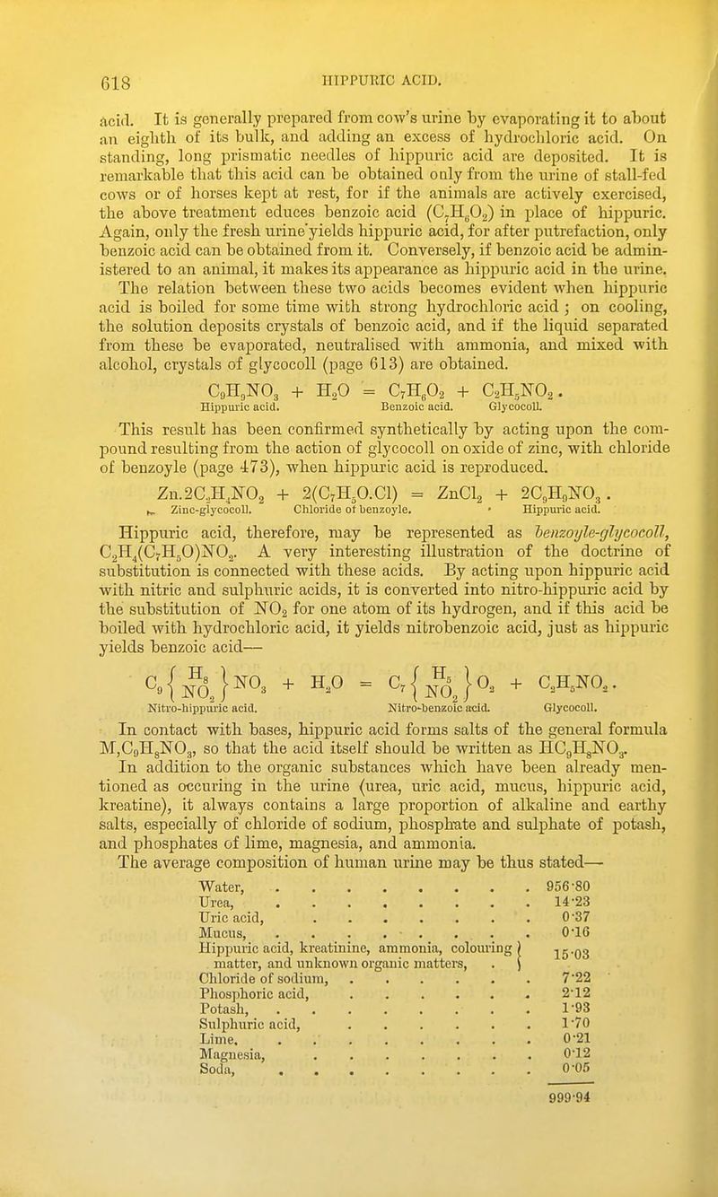 Acid. It is generally prepared from cow's urine by evaporating it to about an eighth of its bulk, and adding an excess of hydrochloric acid. On standing, long prismatic needles of hippuric acid are deposited. It is remarkable that this acid can be obtained only from the urine of stall-fed cows or of horses kept at rest, for if the animals are actively exercised, the above treatment educes benzoic acid (C^HgOg) in place of hippuric. Again, only the fresh urine'yields hippuric acid, for after putrefaction, only benzoic acid can be obtained from it. Conversely, if benzoic acid be admin- istered to an animal, it makes its appearance as hippuric acid in the urine. The relation between these two acids becomes evident when hippuric acid is boiled for some time with strong hydrochloric acid ; on cooling, the solution deposits crystals of benzoic acid, and if the liquid separated from these be evaporated, neutralised with ammonia, and mixed with alcohol, crystals of glycocoll (page 613) are obtained. CgH^NO^ + HoO = C7HP2 + CaHgNO^. Hippuric acid. Benzoic acid. GlycocoU. This result has been confirmed synthetically by acting upon the com- pound resulting from the action of glycocoll on oxide of zinc, with chloride of benzoyle (page 473), when hippuric acid is reproduced. Zn.2aH,F02 + 2(C7H,0.C1) = ZnCl^ + aC^HgNO,. Zinc-glycocoU. Cliloride ot benzoyle. ' Hippuric acid. Hippuric acid, therefore, may be represented as henzoyle-glyeoeoll, C^J^C{H-fi)lSO.-^, A very interesting illustration of the doctrine of substitution is connected with these acids. By acting upon hippuric acid with nitric and sulphuric acids, it is converted into nitro-hippuric acid by the substitution of ISr02 for one atom of its hydrogen, and if this acid be boiled with hydrochloric acid, it yields nitrobenzoic acid, just as hippuric yields benzoic acid— c„{^(« }no3 + H,o = c,|/^Jo, + c^m. Nitro-hippuric acid. NitrO'benzoic acid. Glycocoll. In contact with bases, hippuric acid forms salts of the general formula MjCgHgNOg, so that the acid itself should be written as HCgHgNO^. In addition to the organic substances which have been already men- tioned as occuring in the urine (urea, uric acid, mucus, hippuric acid, kreatine), it always contains a large proportion of alkaline and earthy salts, especially of chloride of sodium, phosphute and sulphate of potash, and phosphates of lime, magnesia, and ammonia. The average composition of human urine may be thus stated— Water, 956-80 Urea, 14-23 TJricacid, 0-37 Mucus, . . _ . . ■ , . . . 0-16 Hippuric acid, kreatinine, ammonia, coloiu-ing ) 15-03 matter, and unknown organic matters, . ) Cliloride of sodium, 7-22 Phosphoric acid, 2-12 Potash, 1-93 Sulphuric acid, 1-70 Lime. . 0-21 Magnesia, 0-12 Soda, 0-05 999-94