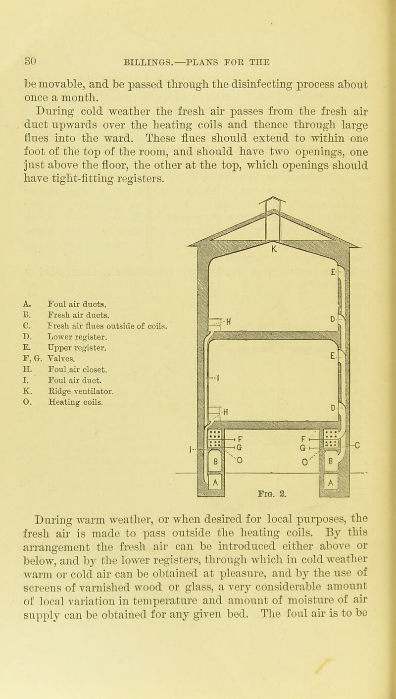 be movable, and be passed tlirougli tlie disinfecting process about once a month. During cold weather the fresh air passes from the fresh air duct upwards over the heating coils and thence through large flues into the ward. These flues should extend to within one foot of the top of the room, and should have two openings, one just above the floor, the other at the top, which openings should have tight-fitting registers. Fig. 2. During warm weather, or when desired for local pui'poses, the fresh ah- is made to pass outside the heating coils. By this arrangement the fresh air can be introduced either above or below, and by the lower registers, through which in cold weather warm or cold air can be obtained at pleasure, and by the use of screens of varnished wood or glass, a very considerable amount of local variation in temperature and amount of moisture of air supply can be obtained for any given bed. The foul air is to be