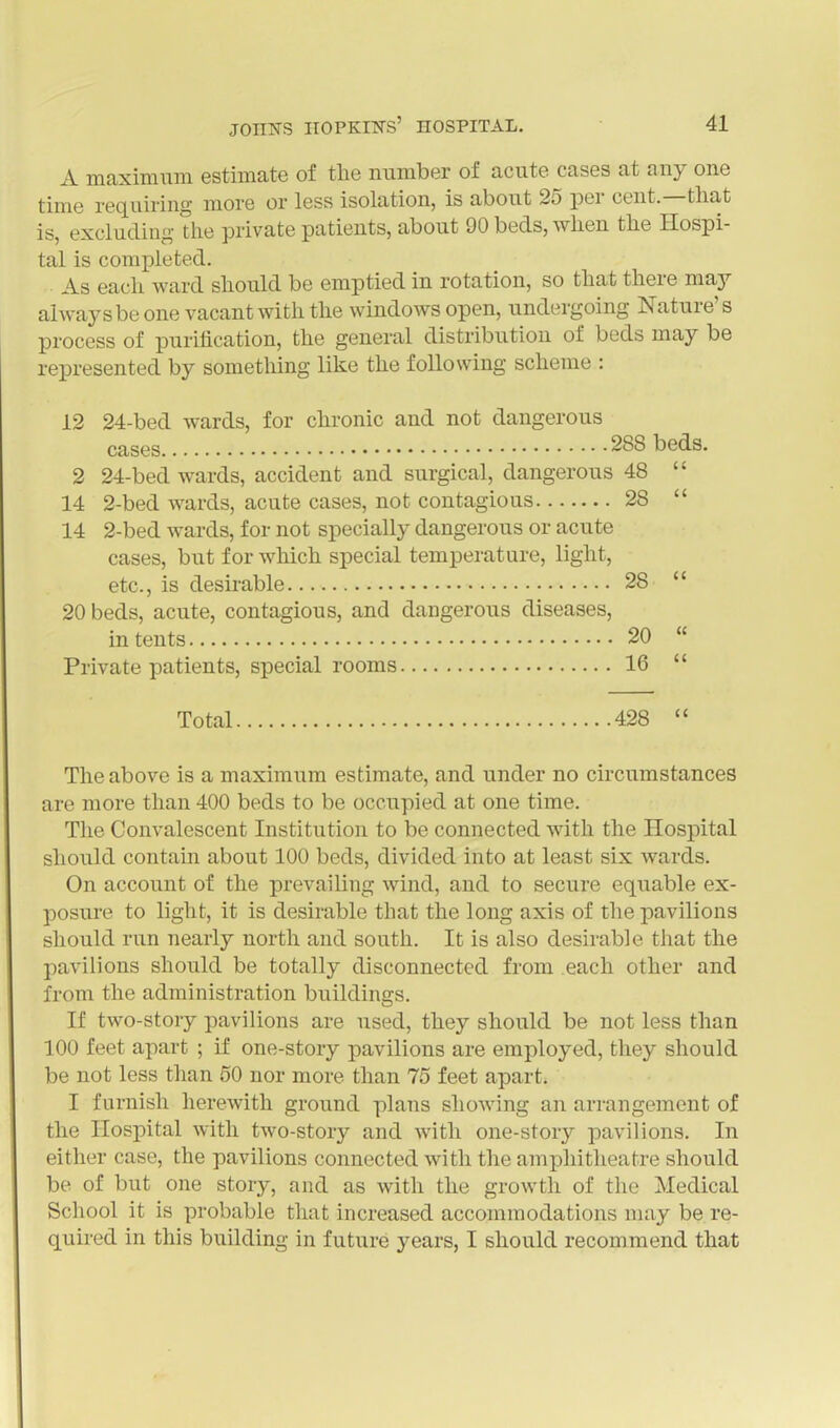 A maximum estimate of the number of acute cases at any one time requiring more or less isolation, is about 25 per cent.—that is, excluding the private patients, about 90 beds, when the Hospi- tal is completed. As each ward should be emptied in rotation, so that there may always be one vacant with the windows open, undergoing Nature's process of purification, the general distribution of beds may be represented by something like the following scheme : 12 24-bed wards, for chronic and not dangerous 2 24-bed wards, accident and surgical, dangerous 48  14 2-bed wards, acute cases, not contagious 28  14 2-bed wards, for not specially dangerous or acute cases, but for which special temperature, light, etc., is desirable 28  20 beds, acute, contagious, and dangerous diseases, intents 20  Private patients, special rooms 16  Total 428 The above is a maximum estimate, and under no circumstances are more than 400 beds to be occupied at one time. The Convalescent Institution to be connected with the Hospital should contain about 100 beds, divided into at least six wards. On account of the prevailing wind, and to secure equable ex- posure to light, it is desirable that the long axis of the pavilions should run nearly north and south. It is also desirable that the pavilions should be totally disconnected from each other and from the administration buildings. If two-story pavilions are used, they should be not less than 100 feet apart ; if one-story pavilions are employed, they should be not less than 50 nor more than 75 feet apart. I furnish herewith ground plans showing an arrangement of the Hospital with two-story and with one-story pavilions. In either case, the pavilions connected with the amphitheatre should be of but one story, and as with the growth of the Medical School it is probable that increased accommodations may be re- quired in this building in future years, I should recommend that
