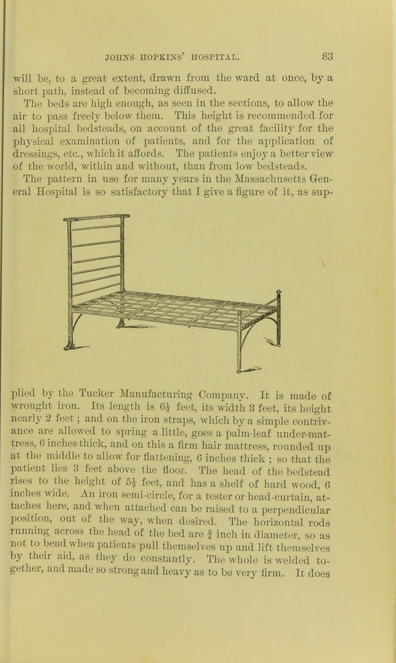 will be, to a great extent, drawn from the ward at once, by a sliort path, instead of becoming diifused. The beds are high enough, as seen in the sections, to allow the air to pass freely below them. This height is recommended for all hospital bedsteads, on account of the great facility for the physical examination of patients, and for the application of dressings, etc., which it affords. The patients enjoy a better view of the world, within and without, than fi'om low bedsteads. The pattern in use for many years in the Massachusetts Gen- eral Hospital is so satisfactory that I give a figure of it, as sup- plied by the Tucker Manufacturing Company. It is made of wrought iron. Its length is 6^ feet, its width 8 feet, its height nearly 2 feet; and on the iron straps, which by a simple contriv- ance are allowed to spring a little, goes a palm-leaf under-mat- tress, 6 inches thick, and on this a firm hair mattress, rounded up at the middle to allow for flattening, 6 inches thick ; so tliat the patient lies 3 feet above the floor. The head of the bedstead rises to the height of 5| feet, and has a shelf of hard wood, 6 inches wide. An iron semi-circle, for a tester or head-curtain, at- taches here, and when attached can be raised to a perpendicular position, out of the way, when desired. The horizontal rods running across the head of the bed are f inch in diameter, so as not to bend when patients pull themselves up and lift themselves by their aid, as they do constantly. The whole is welded to- gether, and made so strong and heavy as to be very firm. It does