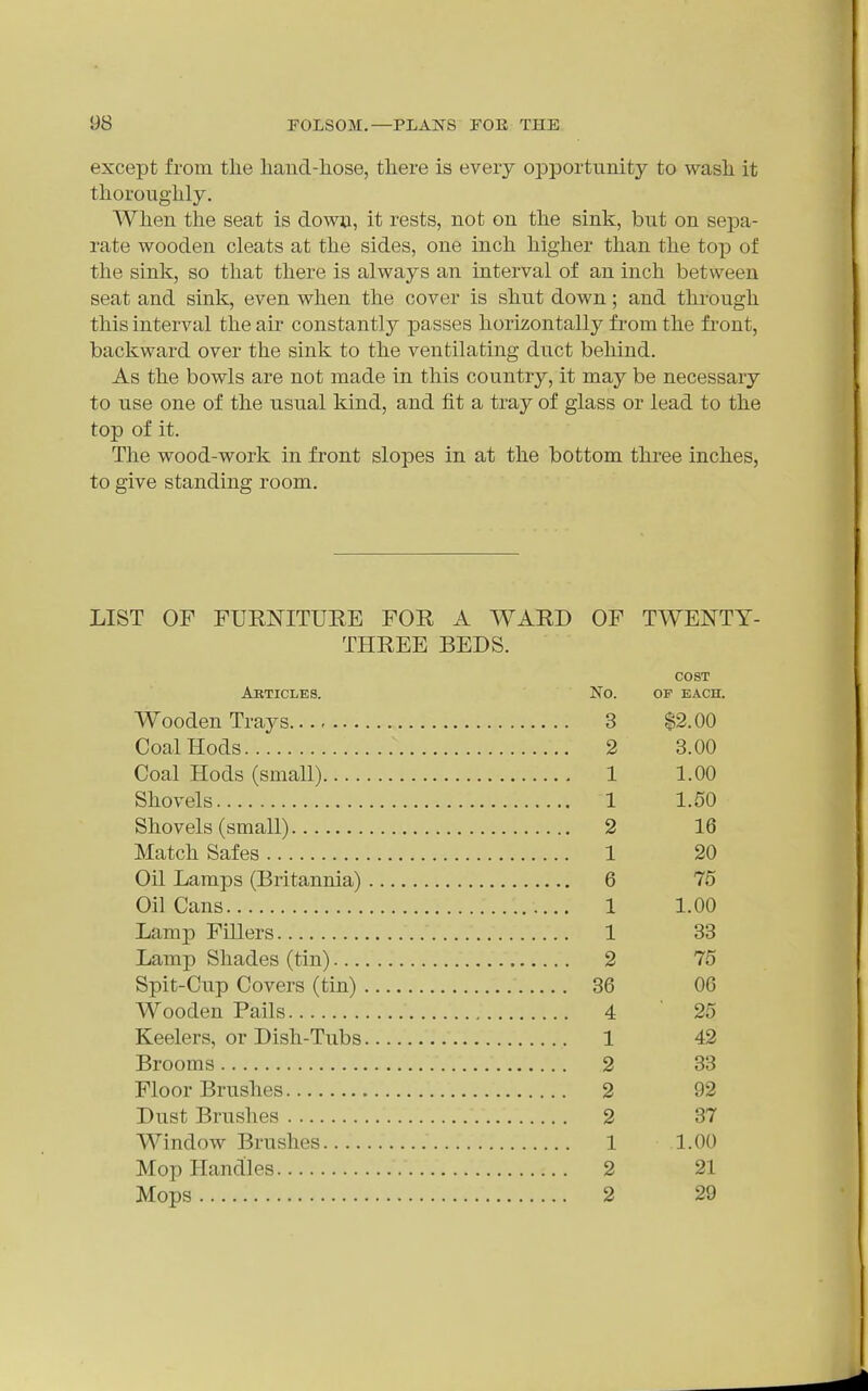 except from the liaud-hose, there is every opportunity to wash it thoroughly. When the seat is down, it rests, not on the sink, but on sepa- rate wooden cleats at the sides, one inch higher than the top of the sink, so that there is always an interval of an inch between seat and sink, even when the cover is shut down; and through this interval the air constantly passes horizontally from the fi'ont, backward over the sink to the ventilating duct behind. As the bowls are not made in this country, it may be necessary to use one of the usual kind, and fit a tray of glass or lead to the top of it. The wood-work in front slopes in at the bottom three inches, to give standing room. LIST OF FURNITURE FOR A WARD OF TWENTY- THREE BEDS. COST Akticles. No. of each. Wooden Trays 3 $2.00 Coal Hods 2 3.00 Coal Hods (small) 1 1.00 Shovels 1 1.50 Shovels (small) 2 16 Match Safes 1 20 Oil Lamps (Britannia) 6 75 Oil Cans 1 LOO Lamp Fillers 1 33 Lamp Shades (tin) 2 75 Spit-Cup Covers (tin) 36 06 Wooden Pails 4 25 Keelers, or Dish-Tubs 1 42 Brooms 2 33 Floor Brushes 2 92 Dust Brushes 2 37 Window Brushes 1 1.00 Mop Handles 2 21 Mops 2 29