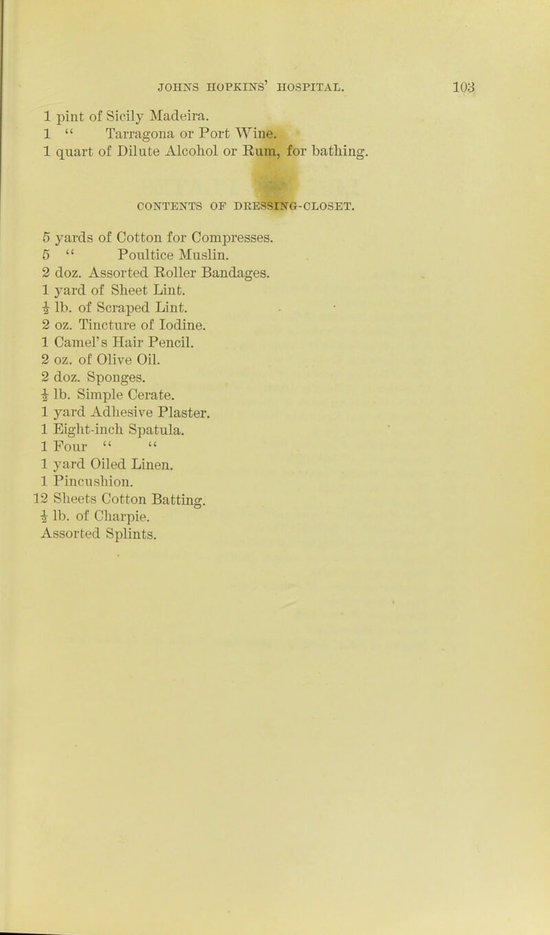 1 pint of Sicily Madeira. 1  Tarragona or Port Wine. 1 quart of Dilute Alcohol or Rum, for bathing. CONTENTS OF DEESSING-CLOSET. 5 yards of Cotton for Compresses. 5  Poultice Muslin. 2 doz. Assorted Roller Bandages. 1 yard of Sheet Lint. 1 lb. of Scraped Lint. 2 oz. Tincture of Iodine. 1 Camel's Hair Pencil. 2 oz. of Olive Oil. 2 doz. Sponges. ■J- lb. Simple Cerate. 1 yard Adhesive Plaster. 1 Eight-inch Spatula. 1 Four   1 yard Oiled Linen. 1 Pincushion. 12 Sheets Cotton Batting. i lb. of Charpie. Assorted Splints.