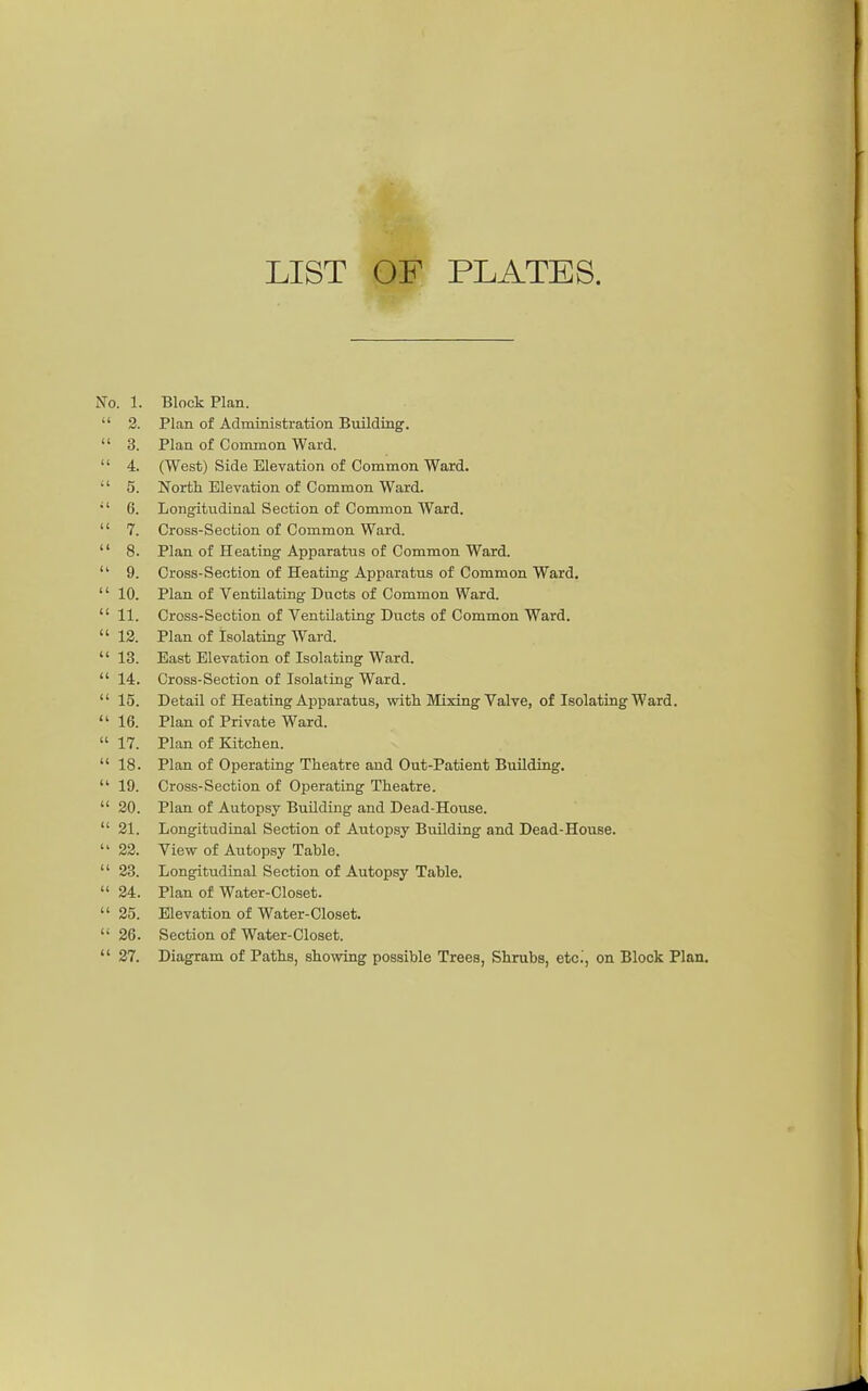 LIST OF PLATES. No. 1. Block Plan.  2. Plan of Administration Building.  3. Plan of Common Ward.  4. (West) Side Elevation of Common Ward.  5. North Elevation of Common Ward. •' 6. Longitudinal Section of Common Ward.  7. Cross-Section of Common Ward.  8. Plan of Heating Apparatus of Common Ward.  9. Cross-Seotion of Heating Apparatus of Common Ward. '' 10. Plan of Ventilating Ducts of Common Ward.  11. Cross-Section of Ventilating Ducts of Common Ward.  12. Plan of Isolating Ward.  13. East Elevation of Isolating Ward.  14. Gross-Section of Isolating Ward.  15. Detail of Heating Apparatus, with Mixing Valve, of Isolating Ward.  16. Plan of Private Ward.  17. Plan of Kitchen. 18. Plan of Operating Theatre and Out-Patient Building.  19. Cross-Section of Operating Theatre.  20. Plan of Autopsy Building and Dead-House.  21. Longitudinal Section of Autopsy BuUding and Dead-House.  22. View of Autopsy Table.  23. Longitudinal Section of Autopsy Table.  24. Plan of Water-Closet.  25. Elevation of Water-Closet.  26. Section of Water-Closet. *' 27. Diagram of Paths, showing possible Trees, Shrubs, etc.', on Block Plan.
