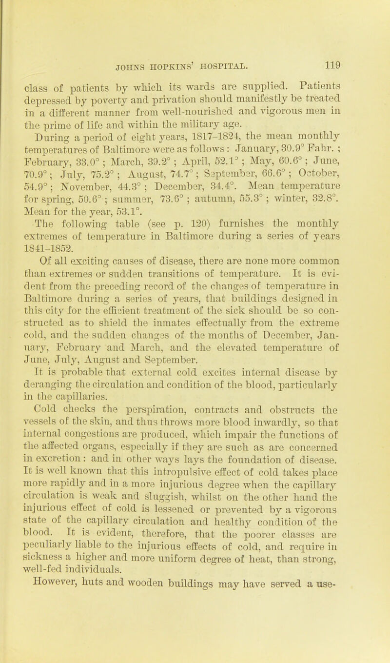 class of patients by wliich its wards are supplied. Patients depressed by poverty and privation should manifestly be treated in a different manner from well-nourished and vigorous men in the prime of life and within the military age. During a period of eight years, 1817-1834, the mean monthly temperatures of Baltimore were as follows : Januaiy, 30.9° Pahr. ; Pebruary, 33.0° ; March, 39.2°; April, 52.1= ; May, 60.6°; June, 70.9°; July, 75.2°; August, 74.7°; Saptember, 66.6°; Ostober, 54.9°; November, 44.3° ; December, 34.4°. Mean temperature for spring, 50.6= ; sninraer, 73.6° ; autamn, 55.3° ; winter, 32.8°. Mean for the year, 53.1°. The following table (see p. 120) furnishes the montlilj^ extremes of temperature in Baltimore during a series of years 1841-1852. Of all exciting causes of disease, there are none more common than extremes or sudden transitions of temperature. It is evi- dent from the preceding record of the changes of temperature in Baltimore during a series of years, that buildings designed in this city for the efficient treatment of the sick should be so con- structed as to shield the inmates effectually from the extreme cold, and the sudden changes of the months of December, Jan- uary, February and ]\Iarch, and the elevated temperature of June, Jul}'-, August and September. It is probable that external cold excites internal disease by deranging the circulation and condition of the blood, particularly in the capillaries. Cold checks the perspiration, contracts and obstructs the vessels of the skin, and thus throws more blood inwardly, so that internal congestions are produced, which impair the functions of the affected organs, especially if they are such as are concerned in excretion : and in other ways lays the foundation of disease. It is well known that this intropulsive effect of cold takes place more rapidly and in a more injurious degree when the capillary circulation is weak and sluggish, whilst on the other hand the injurious effect of cold is lessened or prevented by a vigorous state of the capillary circulation and healthy condition of the blood. It is evident, therefore, that the poorer classes are peculiarly liable to the injurious effects of cold, and require in sickness a higher and more uniform degree of heat, than strong, well-fed individuals. However, huts and wooden buUdings may have served a use-