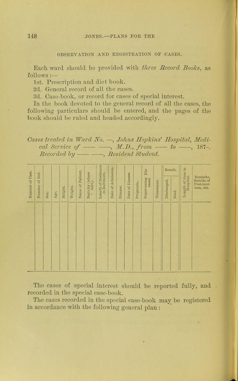 OBSERVATION AND REGISTRATION OF CASES. Each, ward should be provided with three Record BooTcs, as follows :— 1st. Prescription and diet book. 2d. General record of all the cases. 3d. Case-book, or record for cases of special interest. In the book devoted to the general record of all the cases, the following particulars should be entered, and the pages of the book should be ruled and headed accordingly. Cases treated in Ward No. —, Johns Hojpkins'' Hospital, Medi- cal Service of , J/.i)., from to , 187-. Recorded hy , Resident Student. 1 Number of Case. Number of Bed. Sex. Age. Height. Weight. Name of Patient. Nativity (where • born). Len*zth of Keeidence in Baltimore. Date of Admission. 1 Disease. i Date of Disease. Prognosis. P ha ^ a 0) ■3 CD a a > u o g. Treatment. Besult. Length of time In Hospital. Eemarks, Results of Post-mor- tem, etc. Discharged. Died. The cases of sjjecial interest should be reported fully, and recorded in the special case-book. The cases recorded in the special case-book may be registered in accordance with the following general plan: