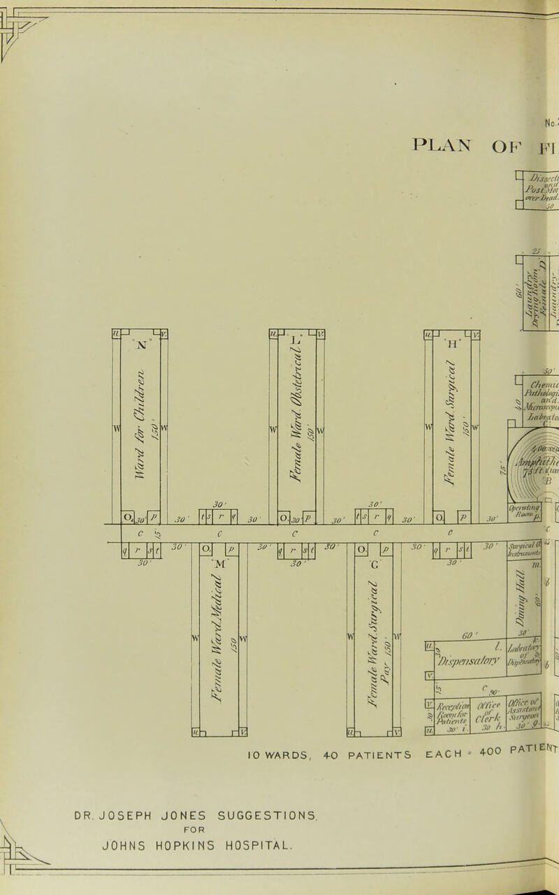 PLAN OI^^ Fl Pi Q. JO ■ I s JO W W W H is ^ Ik 5! 111 .ill' Cheinic PatJulugii C 55 30' 30' W O. M -I I i E2 JO ■ r ~30 SO' w O vv 30 ■ 30 ■ 30 CO ■ m. I I 30' T I ^ fioaiifor 30 fl Office of. ./j-jv.vCim' 10 WARDS, 4-0 PATIENTS tACH - 400 PATIENT DR. JOSEPH JONES SUGGESTIONS. FOR JOHNS HOPKINS HOSPITAL.
