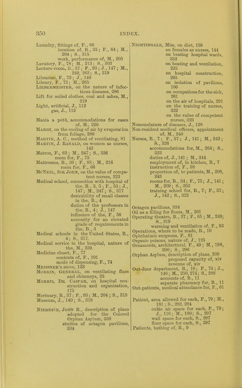 Laundry, fittings of, F., 66 location of, B., 35 ; F., 64 ; M., 204 ; S., 315 work, performance of, M., 205 Lavatory, F., 78; M., 213; S., 303 Lecture-room, B., 37 ; F., 93 ; J., 147 ; M., 249, 263; S., 319 Librarian, F., 72; J., 140 Library, F., 72; M., 265 LiEBEiiMEiSTER, On the nature of infec- tious diseases, 286 Lift for soiled clothes, coal and ashes, M., 219 Light, artificial, J., 112 gas, J., 112 Mania a potfi, accommodations for cases of, M., 220 Maksh, on the cooling of air by evaporation from foliage, 280 MAitTiN, A. 0., method of ventilating, 81 Martin, J. Eanald, on women as nurses, 143 Matron, F., 62 ; M., 247; S., 326 room for, F., 75 Mattresses, B., 36 ; F., 83 ; M., 216 room for, F., 66 McNeil, Sir John, on the value of compe- tent nurses, 323 Medical school, connection with hospital of the, B., 3, 5 ; F., 53; J., 147; M., 247; S., 317 desirability of small classes in the, B., 4 duties of the professors in the, B., 4; J., 147 influence of the, F., 56 necessity for an elevated grade of requirements in the, B., 3 Medical schools in the United States, B., 4; S., 317. Medical service in the hospital, nature of the, M., 239. Medicine closet, F., 77 contents of, F., 101 mode of dispensing, F., 74 Meissner's stove, 123 Morrut, General, on ventilating flues and chimneys, 25 Morris, Dr. Caspab, on hospital con- struction and organization, 175 Mortuary, B., 37; F., 95; M., 204 ; S., 318 Museum, J., 140; S., 318 NiERNsfcE, JoiiN R., description of plans adopted for the Colored Orphan Asylum, 330 studies of octagon ijavilions, 834 Nightingale, Miss, on diet, 159 on females as nurses, 144 on lieating hospital wards, 332 on heating and ventilation, 225 on hospital construction, 295 on isolation of paviUona, 106 on occupations for the sick, 261 on the air of hospitals, 291 on the training of nurses, 322 on the value of competent nurses, 323 Nomenclature of diseases, J., 128 Non-resident medical ofiicers, appointment of, M., 240 Nurses, B., 7 ; F., 57 ; J., 141; M., 242 ; S., 326 accommodations for, M., 264; S., 323 duties of, J., 141; M., 244 employment of, in kitchen, B., 7 instruction of, F., 58 proportion of, to patients, M., 208, 243 rooms for, B., 34; F., 75; J., 141; M. , 209; S., 303 training school for, B., 7; F., 57; J., 142; S.,322 Octagon pavilions, 334 on as a fiUing for floors, M., 201 Operating theatre, B., 37 ; F., 65 ; M., 249; S., 319 warming and ventilation of, F., 93 Operations, where to be made, B., 10 Ophthalmic surgeons, F., 61 Organic poisons, nature of, J., 125 Ornaments, architectural, F., 49 ; M., 198, 200; S., 296 Orphan Asylum, description of plans, 330 proposed capacity of, xiv revenue of, xiv Out-door department, B., 10; F., 74; J., 146; M., 250,274; S., 288 accounts of, B., 11 separate pharmacy for, B., 11 Out-patients, medical attendance for, F., 61 Patient, area allowed for each, F., 79 ; M., 181; S., 282, 284 cubic air space for each, F.. 79; J., 110; M., 180; S., 297 wall space for each, S., 297 floor space for each, S., 297 Patients, bathing of, B., 9