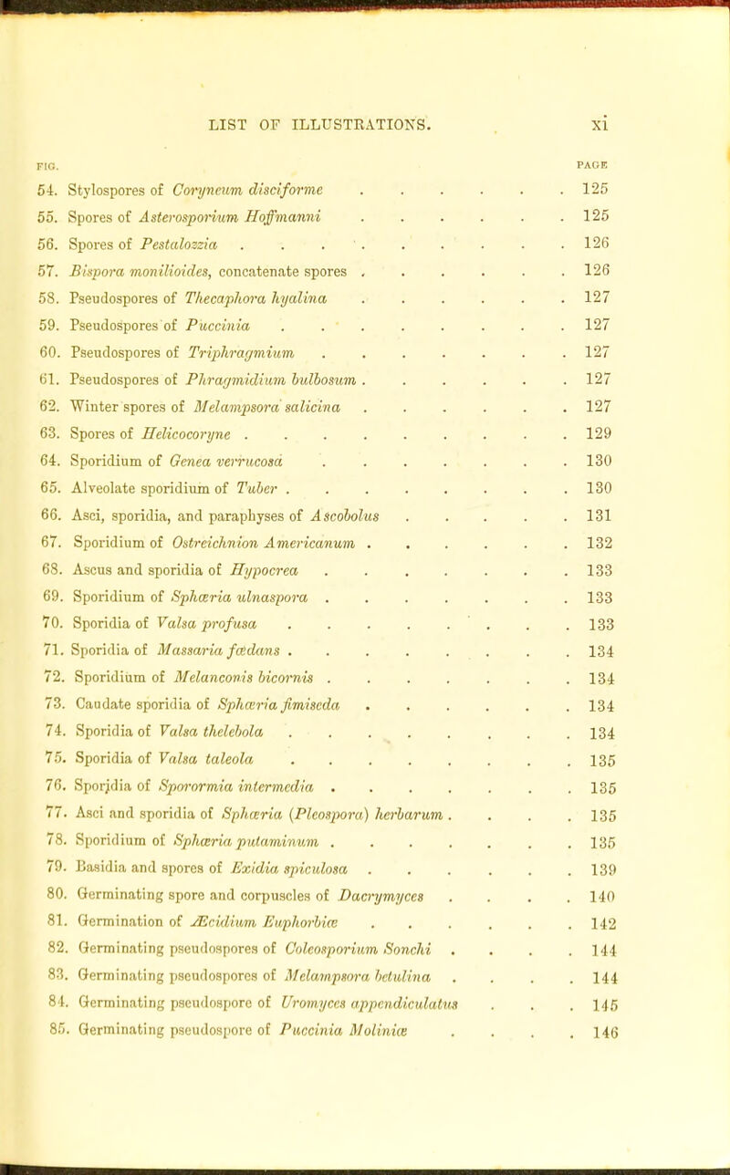 FIG. PAGE 54. Stylospores of Coryneum disciforme 125 55. Spores of Asterosporium Hoffmanni . . . . . .125 56. Spores of Pestalozzia . . . ' . .' . . . 126 57. Bixpora monilioides, concatenate spores ...... 126 58. Pseudospores of Thecaphora hyalma ...... 127 59. Pseudospores of Puccinia ........ 127 60. Pseudospores of Triphragmium ....... 127 61. Pseudospores of Phrarjmidium bulbosum ...... 127 62. Winter spores of Melampsorasalicina ...... 127 63. Spores of Helicocorync ......... 129 64. Sporidium of Genea verrucosa ....... 130 65. Alveolate sporidium of Tuber . . . . . . . .130 66. Asci, sporidia, and parapbyses of Ascobolus . . . . .131 67. Sporidium of Ostreichnion Americanum ...... 132 68. Ascus and sporidia of Hypocrea ....... 133 69. Sporidium of Sphceria ulnaspora ....... 133 70. Sporidia of Vaha profusa . . . . . ' . . .133 71. Sporidia of Massaria fwdans ........ 134 72. Sporidium of Melanconis bicornis . . . . . . .134 73. Caudate sporidia of Sphceria fimiscda 134 74. Sporidia of Valsa thelebola ........ 134 75. Sporidia of Valsa taleola .135 76. Sporjdia of Sporormia intermedia ....... 135 77. Asci and sporidia of Sphceria {Plcospora) Jierbarum .... 135 78. Sporidium of Sphceria pntaminum ....... 135 79. Basidia and spores of Exidia spiculosa 139 80. Germinating spore and corpuscles of Dacrymyccs . . . .140 81. Germination of JEcidiwm Euphorbia! 142 82. Germinating pseudospores of Coleosporium Sonchi .... 144 83. Germinating pseudospores of Atclampxora bctulina .... 144 84. Germinating pseudospore of Uromyces appcndiculatus . . . 145 85. Germinating pseudospore of Puccinia Molinice .... 146