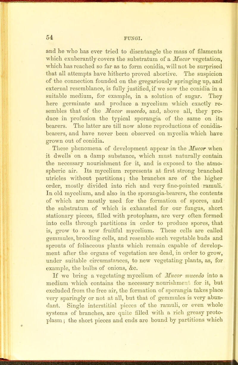 and he who has ever tried to disentangle the mass of filaments which exuberantly covers the substratum of a Mucor vegetation, which has reached so far as to form conidia, will not be surprised that all attempts have hitherto proved abortive. The suspicion of the connection founded on the gregariously springing up, and external resemblance, is fully justified, if we sow the conidia in a suitable medium, for example, in a solution of sugar. They here germinate and produce a mycelium which exactly re- sembles that of the Mucor mucedo, and, above all, they pro- duce in profusion the typical sporangia of the same on its bearers. The latter are till now alone reproductions of conidia- bearers, and have never been observed on mycelia which have grown out of conidia. These phenomena of development appear in the Mucor when it dwells on a damp substance, which must naturally contain the necessary nourishment for it, and is exposed to the atmo- spheric air. Its mycelium represents at first strong branched utricles without partitions; the branches are of the higher order, mostly divided into rich and very fine-pointed ramuli. In old mycelium, and also in the sporangia-bearers, the contents of which are mostly used for the formation of spores, and the substratum of which is exhausted for our fungus, short stationary pieces, filled with protoplasm, are very often formed into cells through partitions in order to produce spores, that is, grow to a new fruitful mycelium. These cells are called gemmules, brooding cells, and resemble such vegetable buds and sprouts of foliaceous plants which remain capable of develop- ment after the organs of vegetation are dead, in order to grow, under suitable circumstances, to new vegetating plants, as, for example, the bulbs of onions, &c. If we bring a vegetating mycelium of Mucor mucedo into a medium which contains the necessary nourishment for it, but excluded from the free air, the formation of sporangia takes place very sparingly or not at all, but that of gemmules is very abun- dant. Single interstitial pieces of the ramuli, or even whole systems of branches, are quite filled with a rich greasy proto- plasm ; the short pieces and ends are bound by partitions which