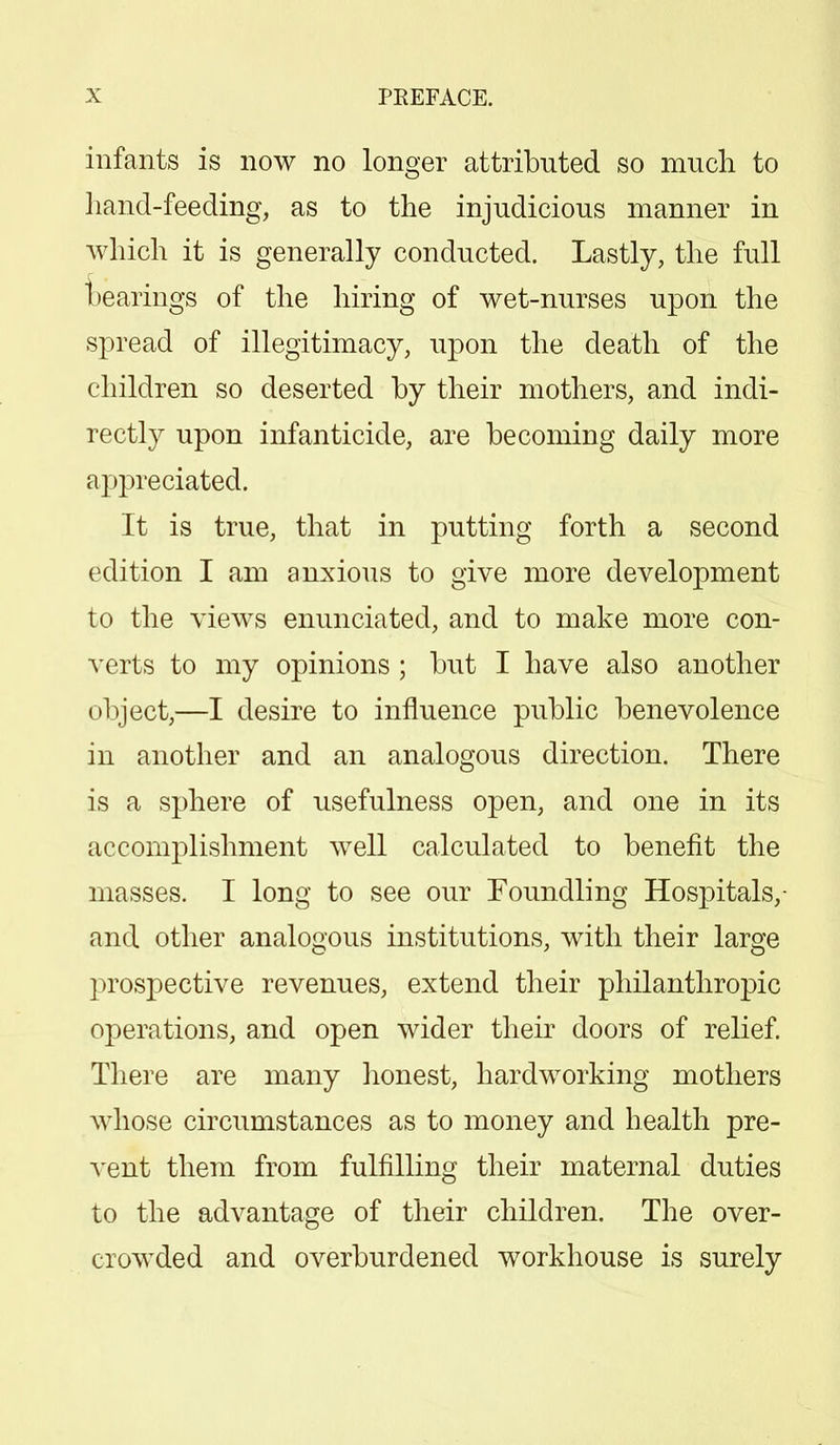 infants is now no longer attributed so much to hand-feeding, as to the injudicious manner in which it is generally conducted. Lastly, the full bearings of the hiring of wet-nurses upon the spread of illegitimacy, upon the death of the children so deserted by their mothers, and indi- rectly upon infanticide, are becoming daily more appreciated. It is true, that in putting forth a second edition I am anxious to give more development to the views enunciated, and to make more con- verts to my opinions ; but I have also another object,—I desire to influence public benevolence in another and an analogous direction. There is a sphere of usefulness open, and one in its accomplishment well calculated to benefit the masses. I long to see our Foundling Hospitals,- and other analogous institutions, with their large prospective revenues, extend their philanthropic operations, and open wider their doors of relief. There are many honest, hardworking mothers whose circumstances as to money and health pre- vent them from fulfilling their maternal duties to the advantage of their children. The over- crowded and overburdened workhouse is surely