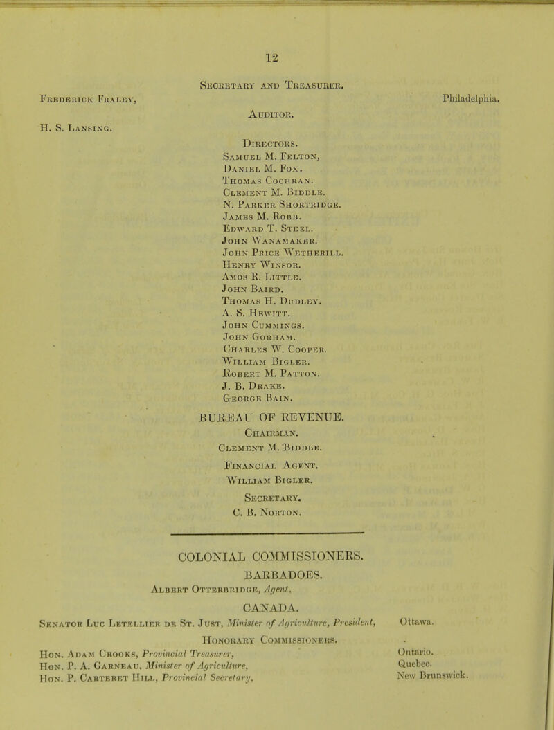 Secretary and Treasurer. Frederick Fraley, Philadelphia. Auditor. H. S. Lansing. Directors. Samuel M. Felton, Daniel M. Fox. Thomas Cochran. Clement M. Biddle. N. Parker Shortridge. James M. Robb. Edward T. Steel. John Wanamaker. John Price Wetherill. Henry Winsor. Amos R. Little. John Baird. Thomas H. Dudley. A. S. Hewitt. John Cummings. John Gorham. Charles W. Cooper. William Bigler. Robert M. Patton. J. B. Drake. George Bain. BUREAU OF REVENUE. Chairman. Clement M. 'Biddle. Financial Agent. William Bigler. Secretary. C. B. Norton. COLONIAL COMMISSIONERS. BARBADOES. Albert Otterbridge, Agent, CANADA. Senator Luc Letellier de St. Just, Minister of Agriculture) President, Honorary Commissioners. Hon. Adam Crooks, Provincial Treasurer, Hon. P. A. Garneau, Minister of Agriculture, Hon. P. Carteret Hill, Provincial Secretary, Ottawa. Ontario. Quebec. New Brunswick.
