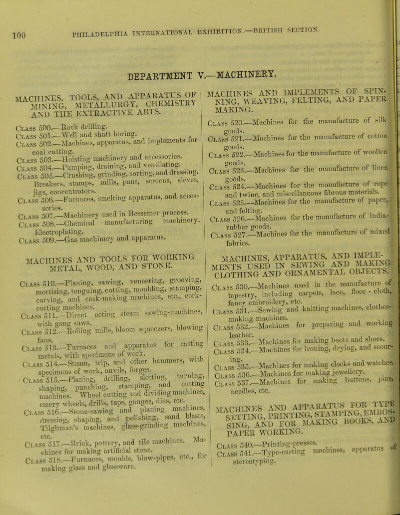 DEPARTMENT V.—MACHINERY. MACHINES, TOOLS, AND APPARATUS OF MINING, METALLURGY, CHEMISTRY AND THE EXTRACTIVE ARTS. Class 500—Rock drilling. Class 501.—Well and shaft boring. Class 502.—Machines, apparatus, and implements tor coal cutting. Class 503.—Hoisting machinery and accessories. Class 504.—Pumping, draining, and ventilating. _ Class 505.—Crushing, grinding, sorting, and dressing. Breakers, stamps, mills, pans, screens, sieves, iio-s, concentrators. . Class 506.—Furnaces, smelting apparatus, and acces- sories. Class 507.—Machinery used in Bessemer process. Class 508.—Chemical manufacturing machinery. Electroplating. Class 509.—Gas machinery and apparatus. MACHINES AND TOOLS FOR WORKING METAL, WOOD, AND STONE. Class 510.—Planing, sawing, veneering, grooving, mortising, tonguing, cutting, moulding, stamping, carving, and cask-making machines, etc., cork- cutting machines. , Class 511.—Direct acting steam sawmg-machmes, with gang saws. Class 512%-Rolling mills, bloom squeezers, blowing fcins * Class 513.—Furnaces and apparatus for casting metals, with specimens of work. Class 514.-Steam, trip, and other hammers, with specimens of work, anvils, forges. Class 515.-Planing, drilling, slotting turning, shaping, punching, stamping, and cutting machines. Wheel cutting and dividing machines, emery wheels, drills, taps, gauges, dies, etc. Class 516.-Stone-sawing and planing miQ dressing, shaping, and polishing, sand blasts, Tilghman's machines, glass-grinding machines, Class's 17.—Brick, pottery, and tile machines. Ma- chines for making artificial stone. Class 518.—Furnaces, moulds, blow-pipes, etc., tor making glass and glassware. MACHINES AND IMPLEMENTS OF SPIN- NING, WEAVING, FELTING, AND PAPER MAKING. Class 520.—Machines for the manufacture of silk goods. Class 521.—Machines for the manufacture of cotton goods. Class 522.—Machines for the manufacture of woollen goods. Class 523—Machines for the manufacture of linen goods. Class 524—Machines for the manufacture ot rope and twine, and miscellaneous fibrous materials. Class 525.—Machines for the manufacture of paper, and felting. .. Class 526—Machines for the manufacture ot india- rubber goods. _ . 1 Class 527.—Machines for the manufacture ot mixed fabrics. MACHINES, APPARATUS, AND IMPLE- MENTS USED IN SEWING AND MAKES G CLOTHING AND ORNAMENTAL OBJECTS. Cliss 530.—Machines used in the manufacture of ' tapestry, including carpets, lace, floor - cloth, fancy embroidery, etc. Class 531.—Sewing and knitting machines, clothes- making machines. _ Class 532.—Machines for preparing and working leather. . Class 533 —Machines for making boots and shoes. Class 534.—Machines for ironing, drying, and scour- Class%5.—Machines for making clocks and watches. Class 536.—Machines for making jewellery. ClAsS 537._Machines for making buttons, pins, needles, etc. T\/r a pttt'NFS AND APPARATUS FOR TYPE M settinI printing, stamping, embos- SLNG AND FOR MAKING BOOKS, AN^ PAPER WORKINC. Class 540.—Printing-presses. Class 541.—Type-casting machines, stereotyping. apparatus of