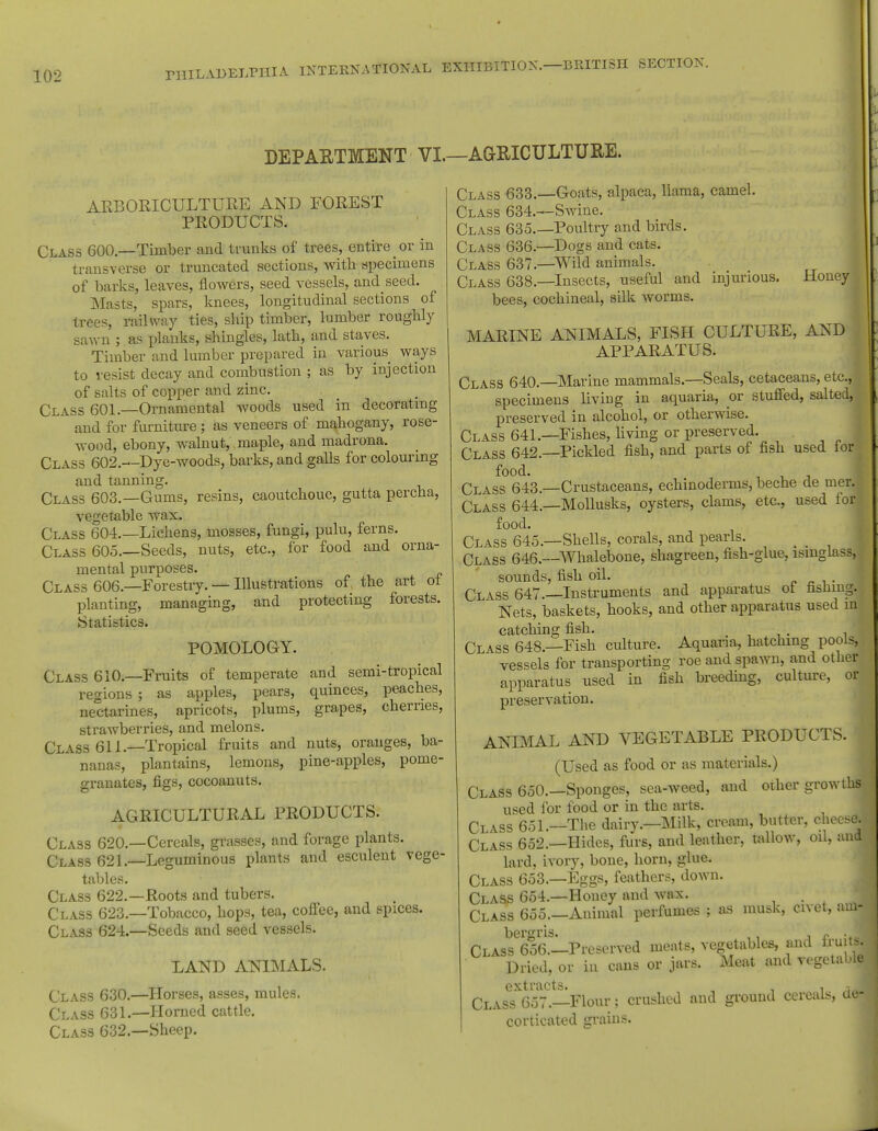 DEPARTMENT VI.—AGRICULTURE. ARBORICULTURE AND FOREST PRODUCTS. Class 600.—Timber and trunks of trees, entire or in transverse or truncated sections, with specimens of barks, leaves, flowers, seed vessels, and seed. Masts, spars, knees, longitudinal sections of trees, railway ties, ship timber, lumber roughly sawn ; as planks, shingles, lath, and staves. Timber and lumber prepared in various ways to resist decay and combustion ; as by injection of salts of copper and zinc. Class 601.—Ornamental woods used in decorating and for furniture; as veneers of mahogany, rose- wood, ebony, walnut, maple, and madrona. Class 602.—Dye-woods, barks, and galls for colouring and tanning. Class 603.—Gums, resins, caoutchouc, gutta percha, vegetable wax. Class 604.—Lichens, mosses, fungi, pulu, ferns. Class 605—Seeds, nuts, etc., for food and orna- mental purposes. Class 606.—Forestry. — Illustrations of the art ot planting, managing, and protecting forests. Statistics. POMOLOGY. Class 610.—Fruits of temperate and semi-tropical regions ; as apples, pears, quinces, peaches, nectarines, apricots, plums, grapes, cherries, strawberries, and melons. Class 611.—Tropical fruits and nuts, oranges, ba- nanas, plantains, lemons, pine-apples, pome- granates, figs, cocoanuts. AGRICULTURAL PRODUCTS. Class 620.—Cereals, grasses, and forage plants. Class 621.—Leguminous plants and esculent vege- tables. Class 622.—Roots and tubers. Class 623.—Tobacco, hops, tea, coffee, and spices. Class 624.—Seeds and seed vessels. LAND ANIMALS. Class 630.—Horses, asses, mules. Class 631.—Horned cattle. Class 632.—Sheep. Class 633.—Goats, alpaca, llama, camel. Class 634.—Swine. Class 635.—Poultry and birds. Class 636.—Dogs and cats. Class 637 —Wild animals. Class 638.—Insects, useful and injurious. Honey bees, cochineal, silk worms. MARINE ANIMALS, FISH CULTURE, AND APPARATUS. Class 640.—Marine mammals.—Seals, cetaceans, etc., specimens living in aquaria, or stuffed, salted, preserved in alcohol, or otherwise. Class 641.—Fishes, living or preserved. Class 642.—Pickled fish, and parts of fish used ior food. Class 643.—Crustaceans, echinoderms, beche de mer. Class 644.—Mollusks, oysters, clams, etc., used for food. Class 645.—Shells, corals, and pearls. Class 646.—Whalebone, shagreen, fish-glue, isinglass, sounds, fish oil. . Class 647.—Instruments and apparatus ot nsnmg. Nets, baskets, hooks, and other apparatus used in catching fish. • , Class 648.—Fish culture. Aquaria, hatching pools, vessels for transporting roe and spawn, and other apparatus used in fish breeding, culture, or preservation. ANIMAL AND VEGETABLE PRODUCTS. (Used as food or as materials.) Class 650.—Sponges, sea-weed, and other grow ths| used for food or in the arts. Class 651.—The dairy.—Milk, cream, butter, cheese. Class 652.—Hides, furs, and leather, tallow, oil, and lard, ivory, bone, horn, glue. Class 653.—Eggs, feathers, down. Class 654.—Honey and wax. Class 655.—Animal perfumes ; as musk, civet, ain-J bergris. ;. , c .M Class 656.—Preserved meats, vegetables, and tru tsj Dried, or in cans or jars. Meat and vegetable extracts. „ . , M Class 657.—Flour; crushed and ground cereal*, uei corticated grains.