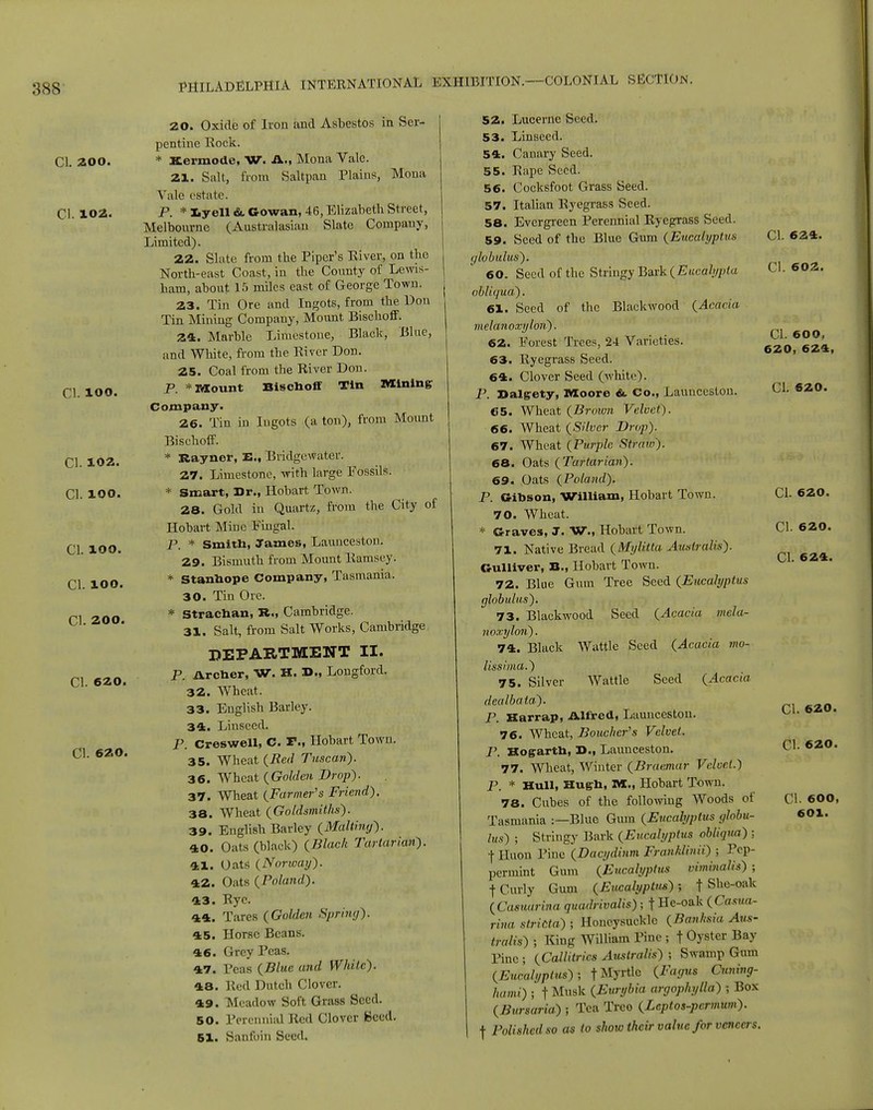 20. Oxide of Iron and Asbestos in Ser- pentine Rock. CI 200. * Kermode, W. A., Mona Vale. 21. Salt, from Saltpan Plains, Mona Yale estate. CI. 102. P. * iyell &. Cowan, 46, Elizabeth Street, Melbourne (Australasian Slate Company, Limited). 22. Slate from the Piper's River, on the North-east Coast, in the County of Lewis- ham, about 15 miles east of George Town. 23. Tin Ore and Ingots, from the Don Tin Mining Company, Mount Bischoff. 24. Marble Limestone, Black, Blue, and White, from the River Don. 25. Coal from the River Don. P. *I«ount Bischoff Tin Mining Company. 26. Tin in Ingots (a ton), from Mount Bischoff. * Rayner, Bridgewater. 27. Limestone, with large Fossils. * Smart, Dr., Hobart Town. 28. Gold in Quartz, from the City of Hobart Mine Fingal. P. * Smith, James, Launceston. 29. Bismuth from Mount Ramsey. * Stanhope Company, Tasmania. 30. Tin Ore. * Strachan, B., Cambridge. 31. Salt, from Salt Works, Cambridge DEPARTMENT II. P. Archer, W. H. B., Longford. 32. Wheat. 33. English Barley. 34. Linseed. P. Creswell, C. T„ Hobart Town. 35. Wheat {Red Tuscan). 36. Wheat ( Golden Drop). 37. Wheat {Farmer's Friend). 38. Wheat {Goldsmiths). 39. English Barley {Malting). 40. Oats (black) {Black Tartarian). 41. Oats {Norway). 42. Oats {Poland). 43. Rye. 44. Tares {Golden Spring). 45. Horse Beans. 46. Grey Peas. 47. Peas {Blue and White). 48. Red Dutch Clover. 49. Meadow Soft Grass Seed. 50. Perennial Red Clover Seed. 51. Sanfoin Seed. CI. 100. CI. 102. CI. 100. CL lOO. CI. IOO. CI. 200. CI. 620. CI. 620. 52. Lucerne Seed. 53. Linseed. 54. Canary Seed. 55. Rape Seed. 56. Cocksfoot Grass Seed. 57. Italian Ryegrass Seed. 58. Evergreen Perennial Ryegrass Seed. 59. Seed of the Blue Gum {Eucalyptus globulus). 60. Seed of the Stringy Bark {Eucahjpta oblhjua). 61. Seed of the Blackwood {Acacia melanoxylon). 62. Forest Trees, 24 Varieties. 63. Ryegrass Seed. 64. Clover Seed (white). P. Balgety, IWoore &, Co., Launceston. 65. Wheat {Brown Velvet). 66. Wheat {Silver Drop). 67. Wheat {Purple Straw). 68. Oats {Tartarian). 69. Oats {Poland). P. Gibson, William, Hobart Town. 70. Wheat. * Graves, J. W., Hobart Town. 71. Native Bread {Mylitta Auslralis). Gulliver, B., Hobart Town. 72. Blue Gum Tree Seed {Eucalyptus globulus). 73. Blackwood Seed {Acacia mela- noxylon) . 74. Black Wattle Seed {Acacia mo- lissima.) 75. Silver Wattle Seed {Acacia dealbata). P. Harrap, Alfred, Launceston. 76. Wheat, Boucher's Velvet. P. Hogarth, B., Launceston. 77. Wheat, Winter {Brav.mar Velvet.) P. * Hull, Hugh, IV!., Hobart Town. 78. Cubes of the following Woods of Tasmania :—Blue Gum {Eucalyptus globu- lus) ; Stringy Bark {Eucalyptus obliqua) ; ■\ Huon Pine {Dacydinm FranhUnii) ; Pep- permint Gum {Eucalyptus viminalis) ; t Curly Gum {Eucalyptus); t She-oak {Casuarina quadrivalis) ; f He-oak {Casna- rina stricta) ; Honeysuckle {Banksia Aus- tralis) ; King William Pine ; f Oyster Bay Pine ; {Callitrics Australis) ; Swamp Gum {Eucalyptus); f Myrtle {Fagus Cuning- hami) ; f Musk {Eurybia argophylla) ; Box {Bursaria) ; Tea Tree {Lcptos-permum). •j- Polished so as to show their value for veneers. CI. 624. CI. 602. CL 600, 620, 624, CI. 620. CI. 620. CL 620. CI. 624. CL 620. CI. 620. CI. 600, 601.